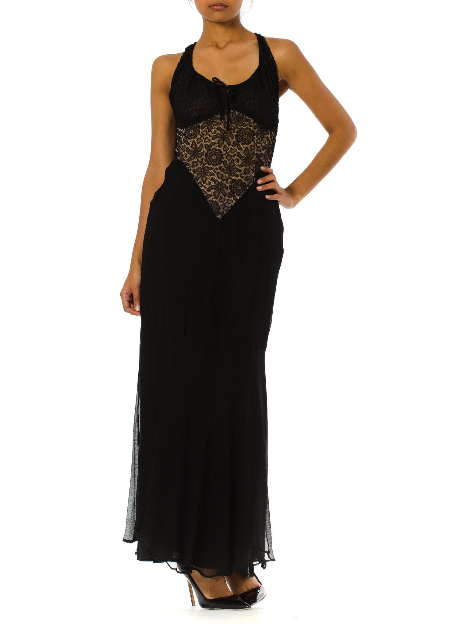 MORPHEW Collection Black Sheer Silk Chiffon & 1930s Lace Backless Gown MORPHEW Collection Black Sheer Silk Chiffon & 1930s Lace Backless Gown