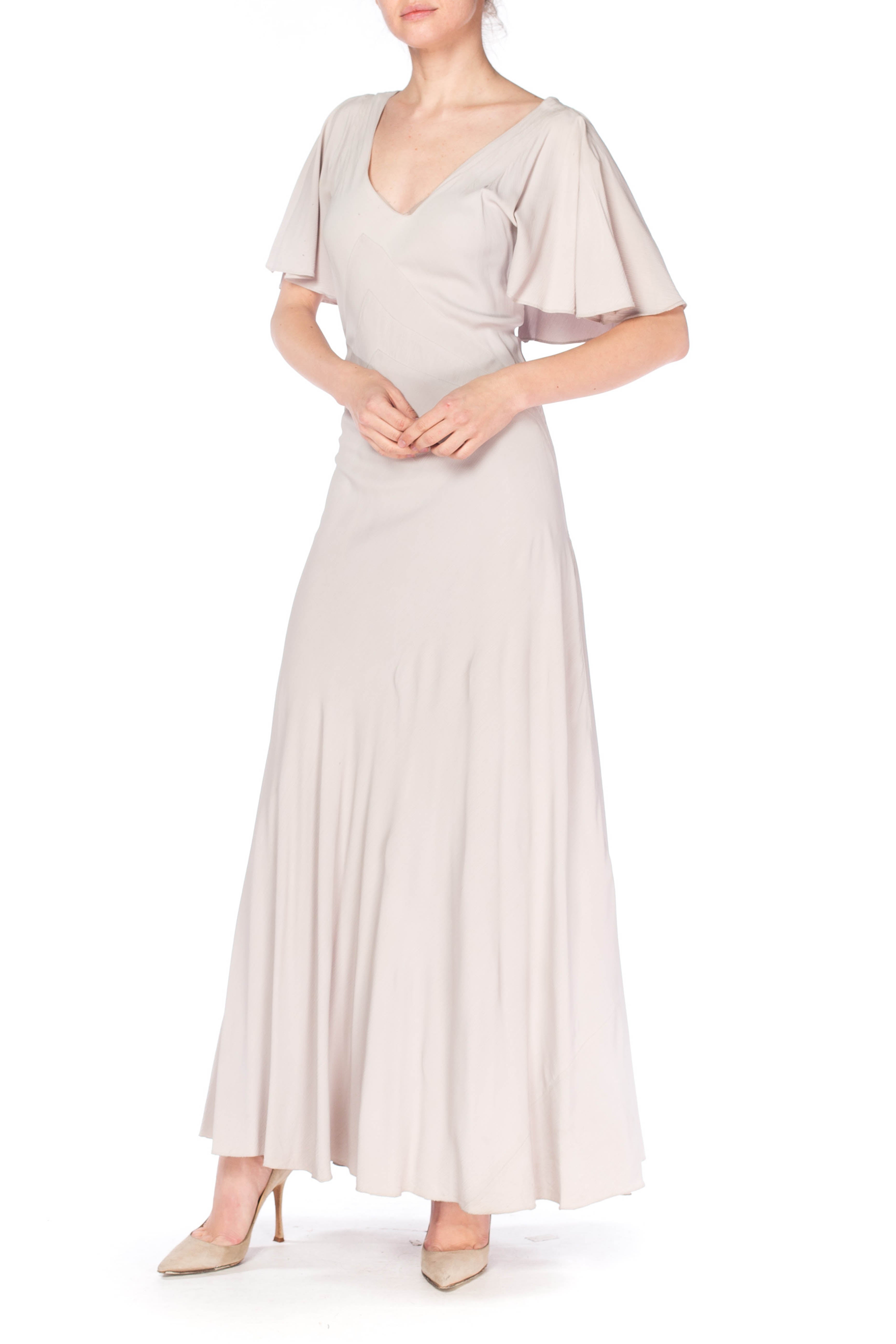 1930s Grey Rayon Crinkle Crepe Asymmetrical Flutter Sleeve Bias-Cut Gown 1930s Grey Rayon Crinkle Crepe Asymmetrical Flutter Sleeve Bias-Cut Gown