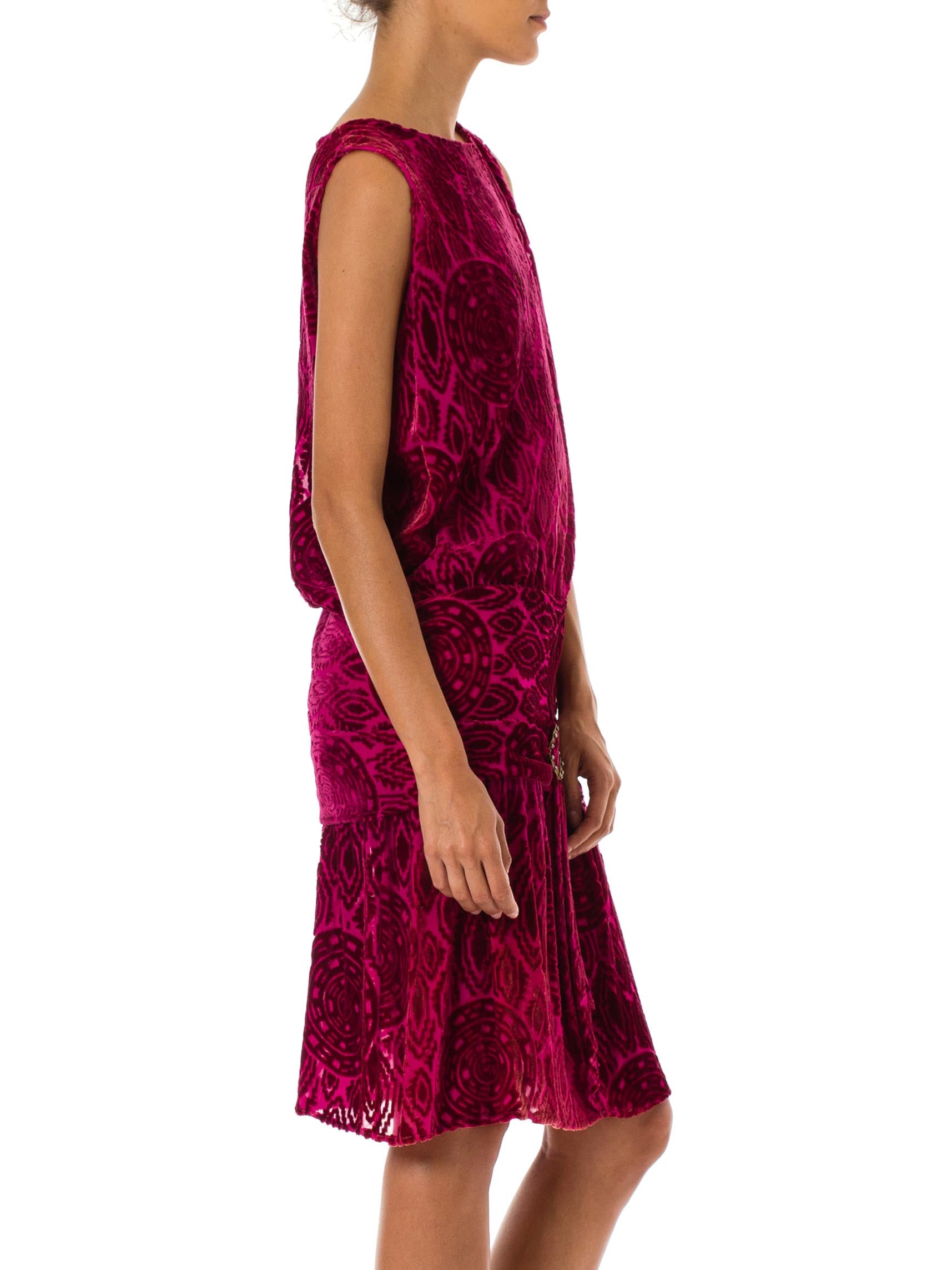 1920S Hot Pink Burnout Silk Velvet Drop Waist Flapper Cocktail Dress With Crystal Buckle 1920S Hot Pink Burnout Silk Velvet Drop Waist Flapper Cocktail Dress With Crystal Buckle