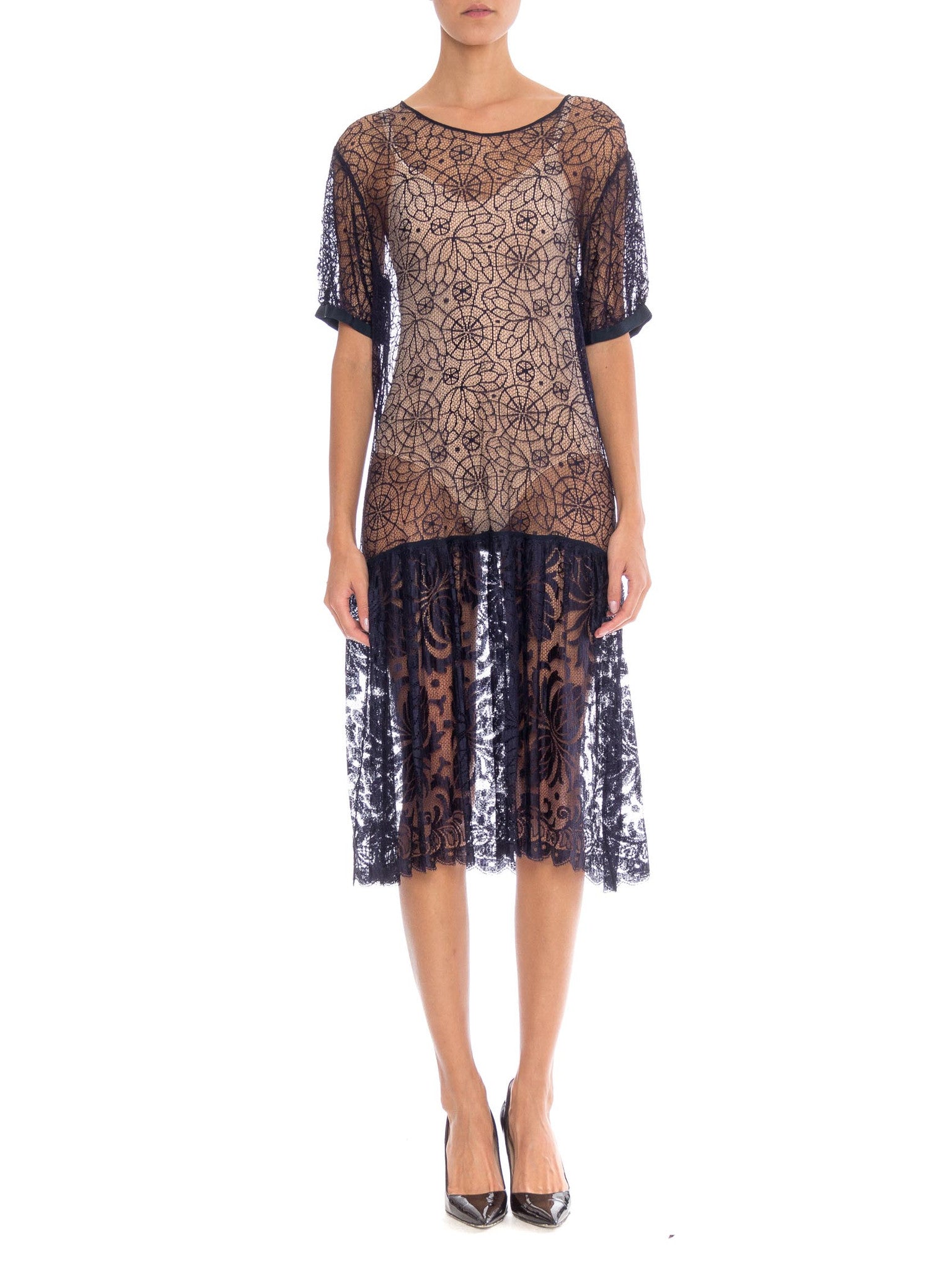 1920S Navy Blue Rayon & Silk Spider Web Lace Dress 1920S Navy Blue Rayon & Silk Spider Web Lace Dress
