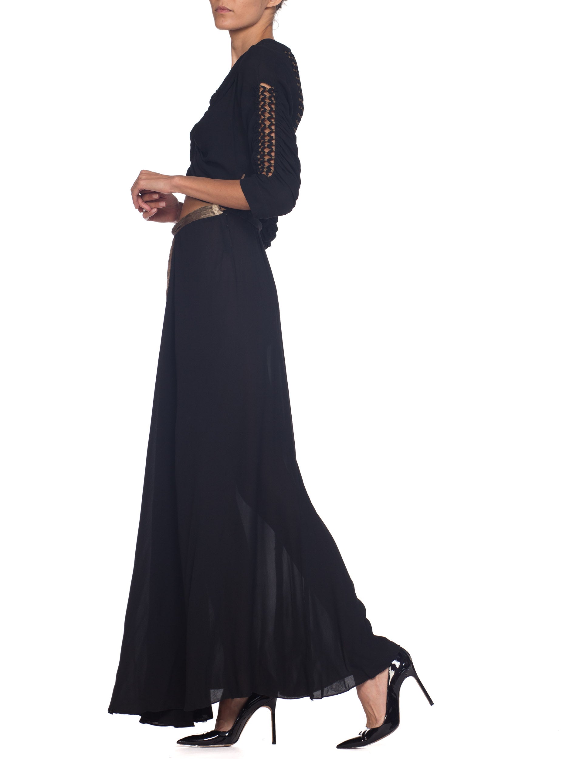 1930S Black Haute Couture Silk Chiffon Bare Midriff Gown With Silver Lam Detailed Lattice Work From Paris 1930S Black Haute Couture Silk Chiffon Bare Midriff Gown With Silver Lam Detailed Lattice Work From Paris