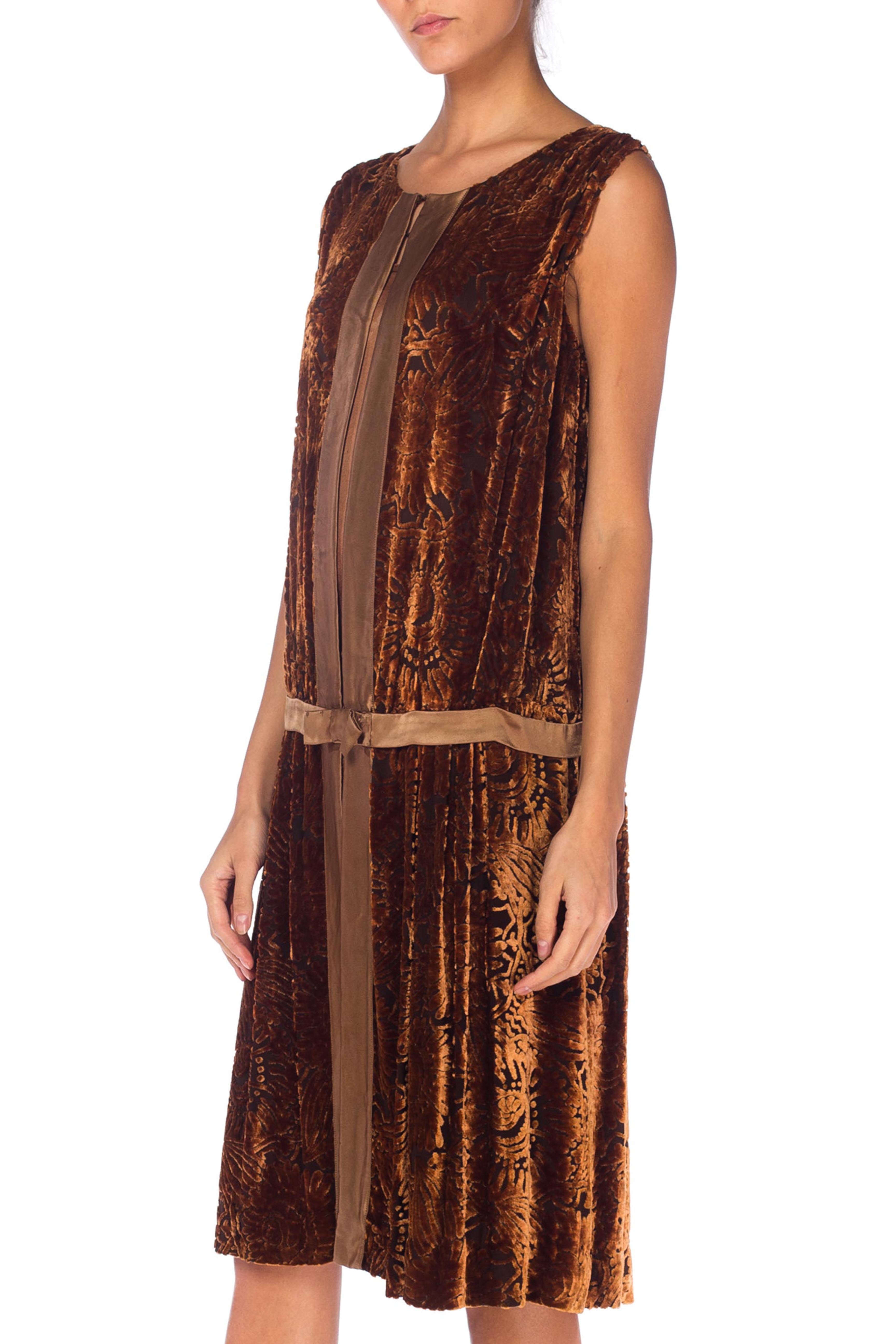 1920s Caramel Brown Silk Floral Burnout Velvet Cocktail Dress 1920s Caramel Brown Silk Floral Burnout Velvet Cocktail Dress