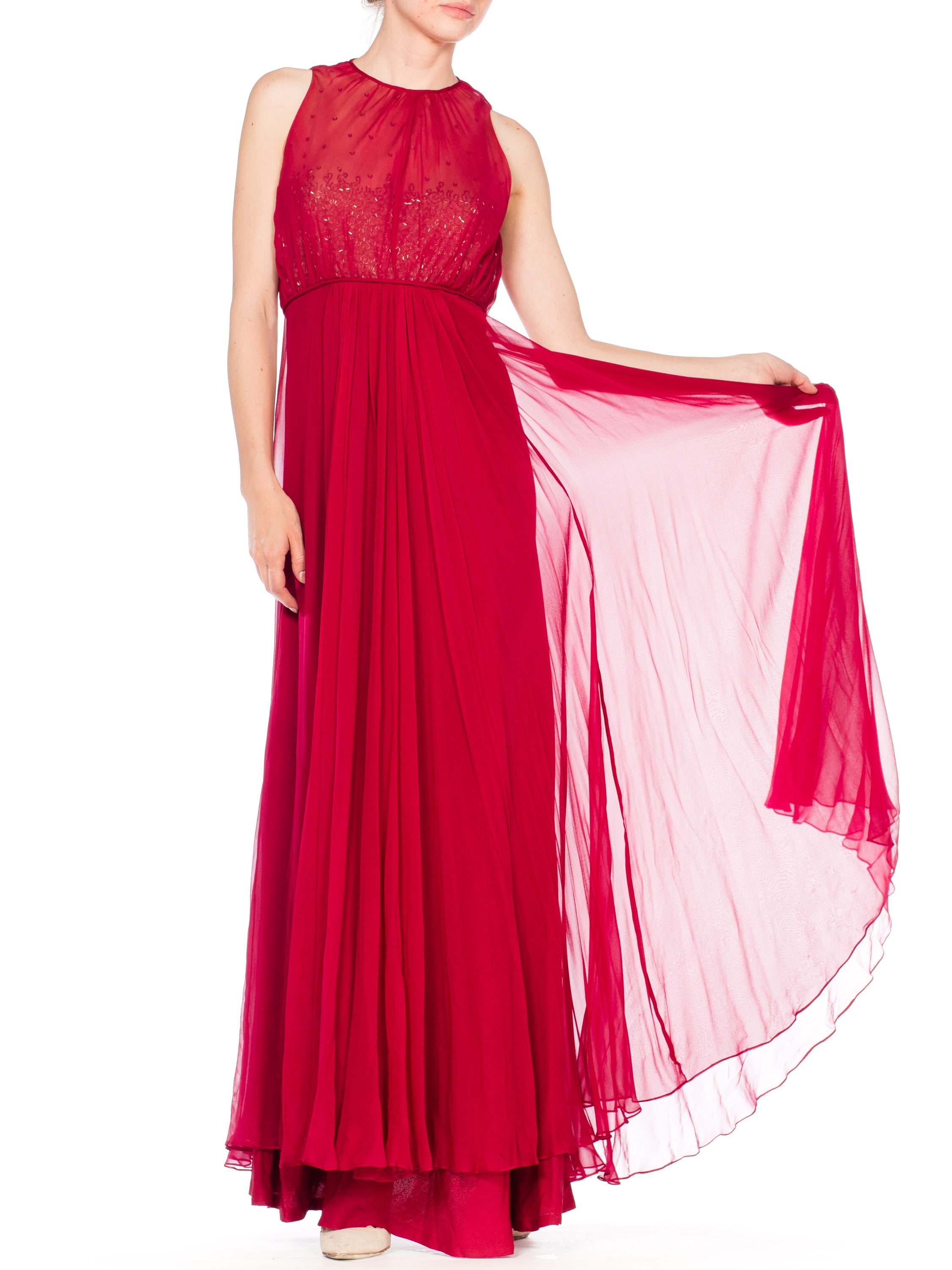 1970s Alfred BOSAND Cranberry Red Beaded Silk Chiffon Demi Empire Waist Gown with Cape 1970s Alfred BOSAND Cranberry Red Beaded Silk Chiffon Demi Empire Waist Gown with Cape