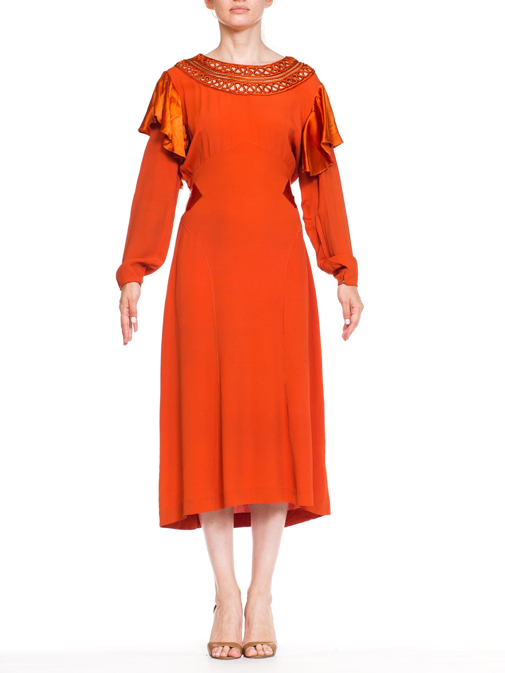 1930S Burnt Orange Rayon & Silk Crepe Satin Long Sleeve Dress With Adjustable Waist Sash Handmade Neckline, XL 1930S Burnt Orange Rayon & Silk Crepe Satin Long Sleeve Dress With Adjustable Waist Sash Handmade Neckline, XL