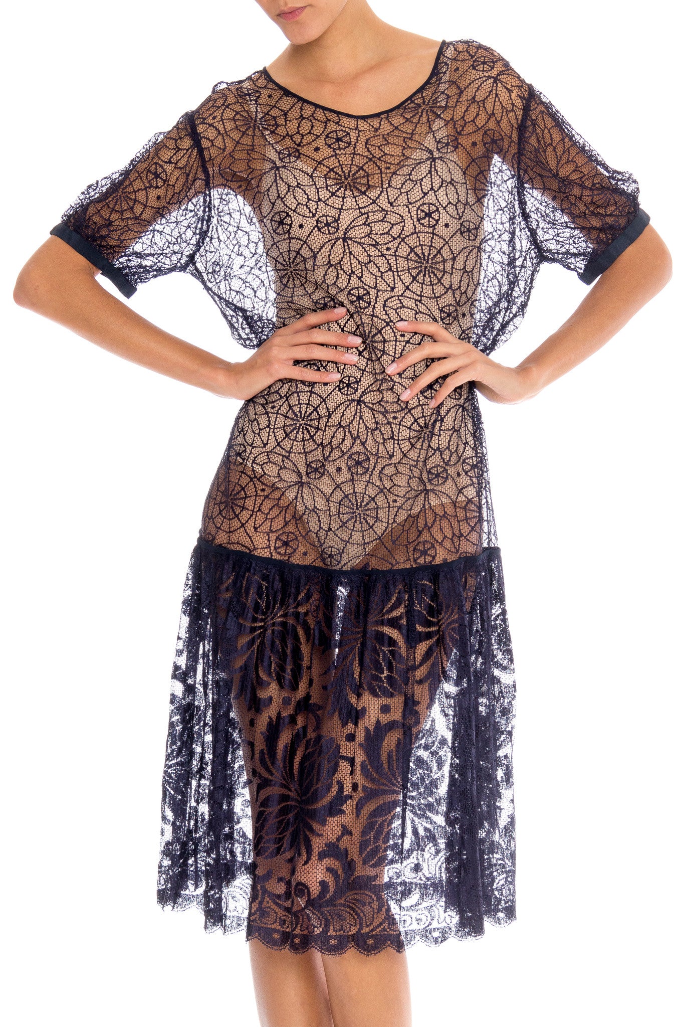 1920S Navy Blue Rayon & Silk Spider Web Lace Dress 1920S Navy Blue Rayon & Silk Spider Web Lace Dress