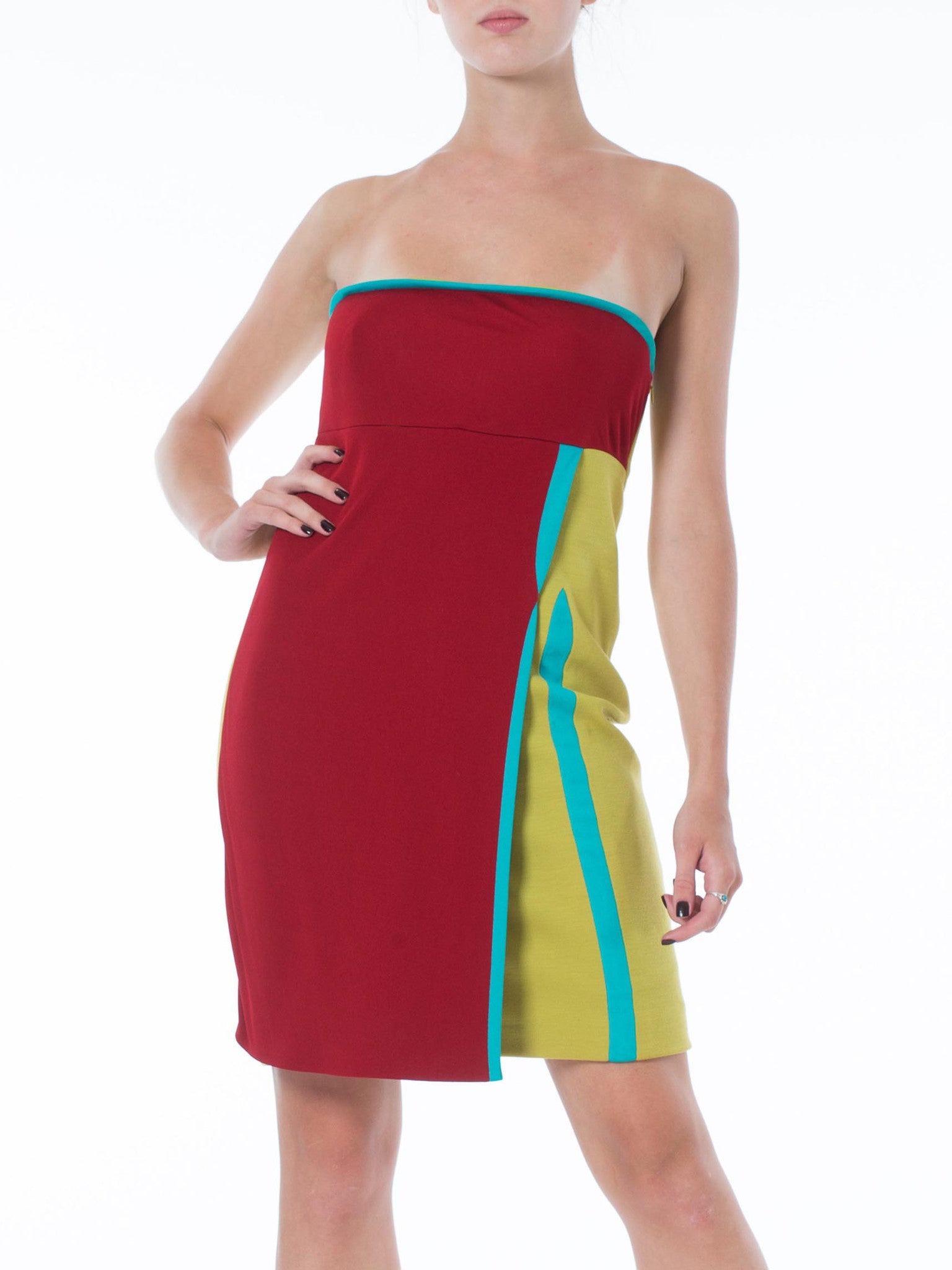 1990S GIANNI VERSACE Acid Green & Red Wool Silk Jersey Strapless Empire Waist Dress With Aqua Blue Details 1990S GIANNI VERSACE Acid Green & Red Wool Silk Jersey Strapless Empire Waist Dress With Aqua Blue Details