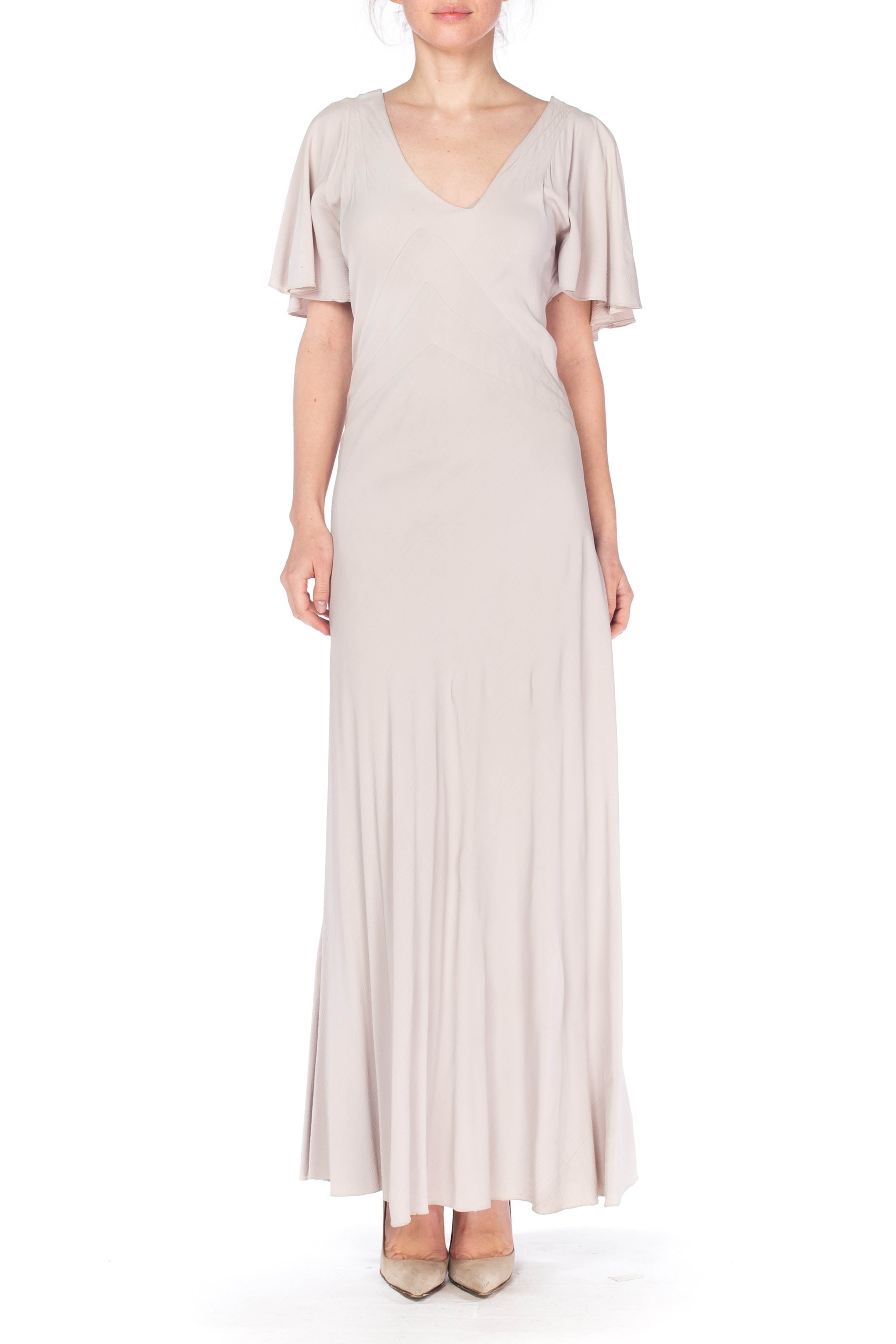 1930S Grey Rayon Crinkle Crepe Asymmetrical Flutter Sleeve Bias-Cut Gown