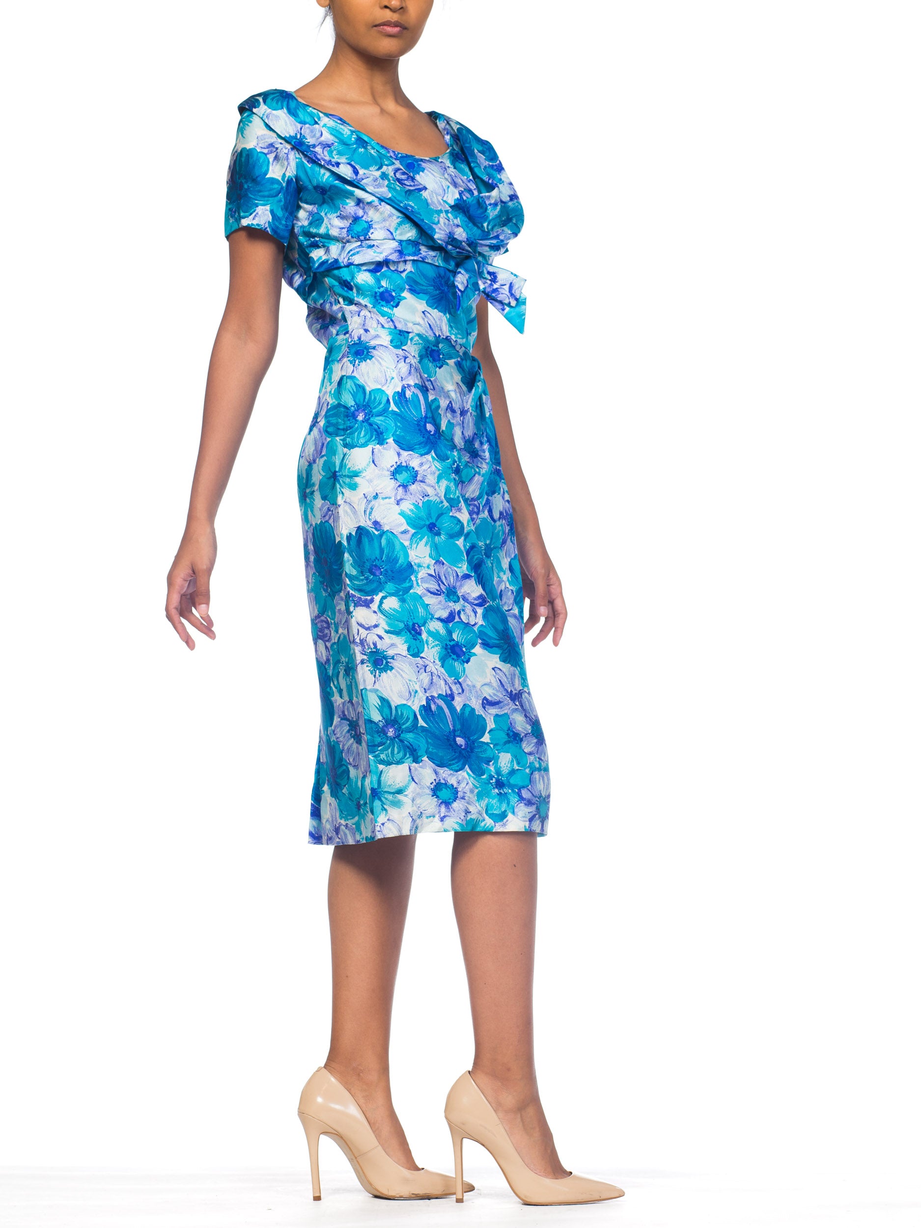 1950S Blue & White Floral Silk Twill Classy Dorothy Draper Dress
