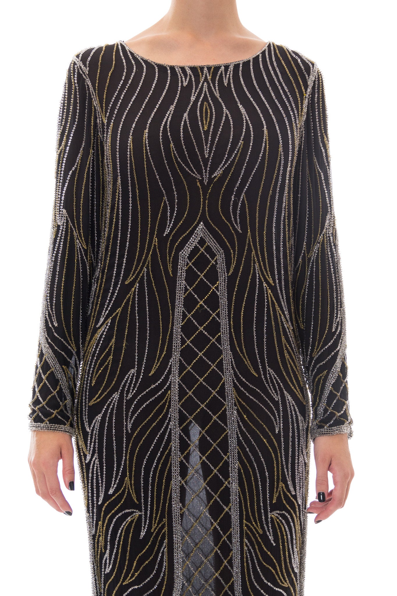 1980S Black Silk Mousseline Long Sleeve 1920S Style Deco Gold & Silver MORPHEW 1980S Black Silk Mousseline Long Sleeve 1920S Style Deco Gold & Silver MORPHEW