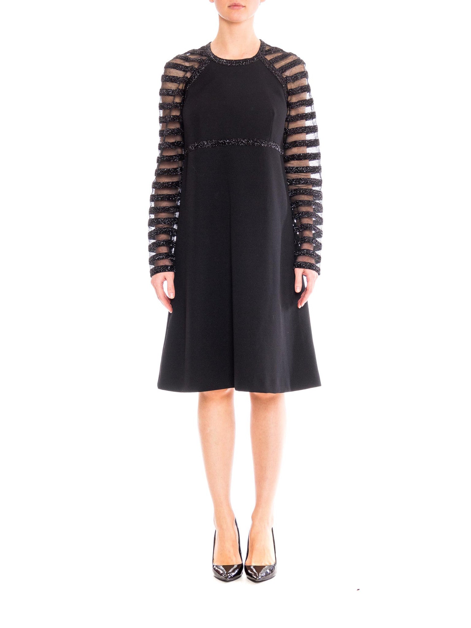 1960S JACQUELINE VANOYE Black Polyester Knit MOD Cocktail Dress With Mesh Lurex Stripe Sleeves 1960S JACQUELINE VANOYE Black Polyester Knit MOD Cocktail Dress With Mesh Lurex Stripe Sleeves