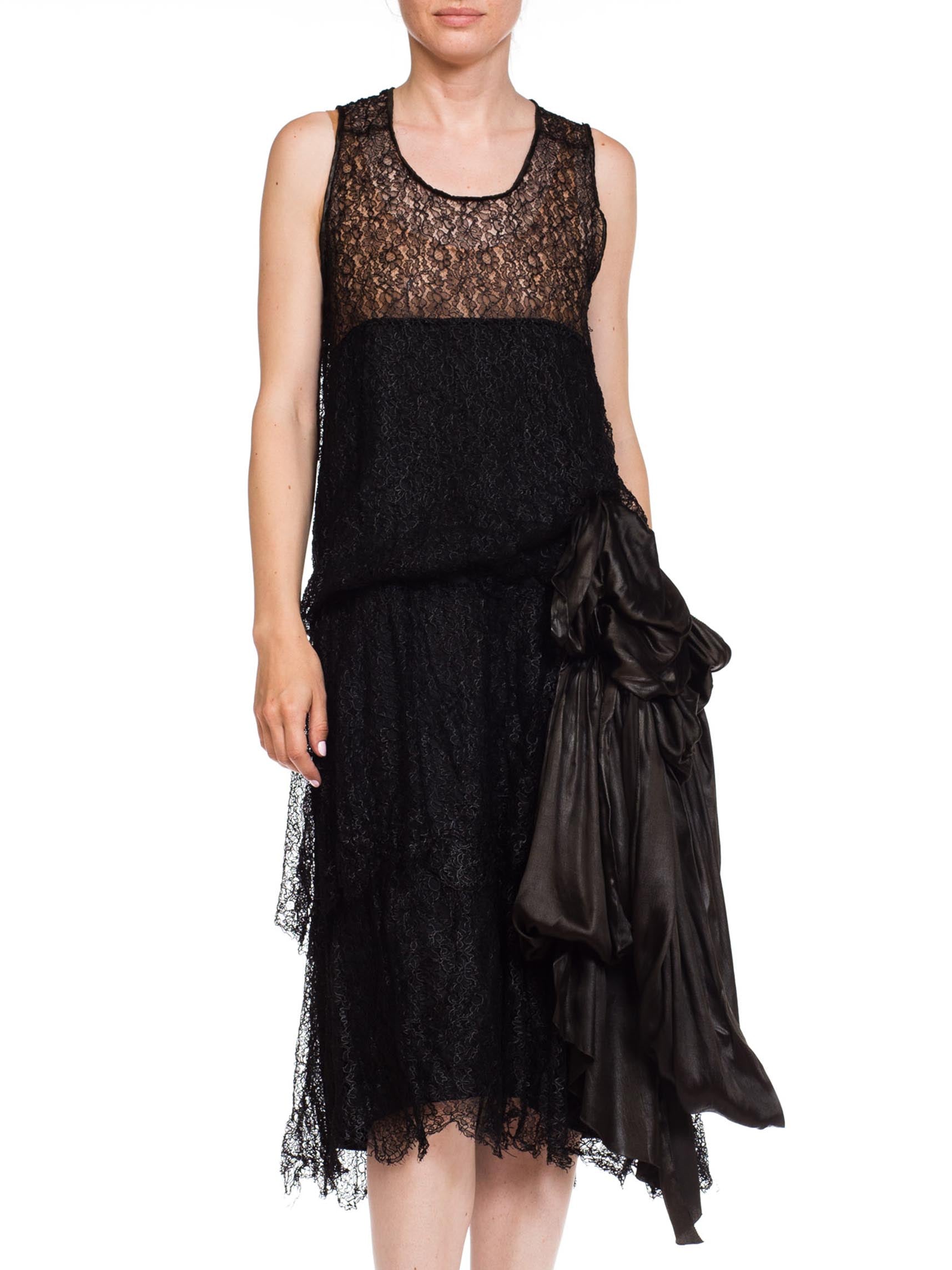 1920s black lace dress 1920s Flapper Dress Black Lace Cape Flutter Full Tiered Skirt Calf Length Ribbon Bow Back Sheer Chiffon Flower Lace Size Small Bust 34"