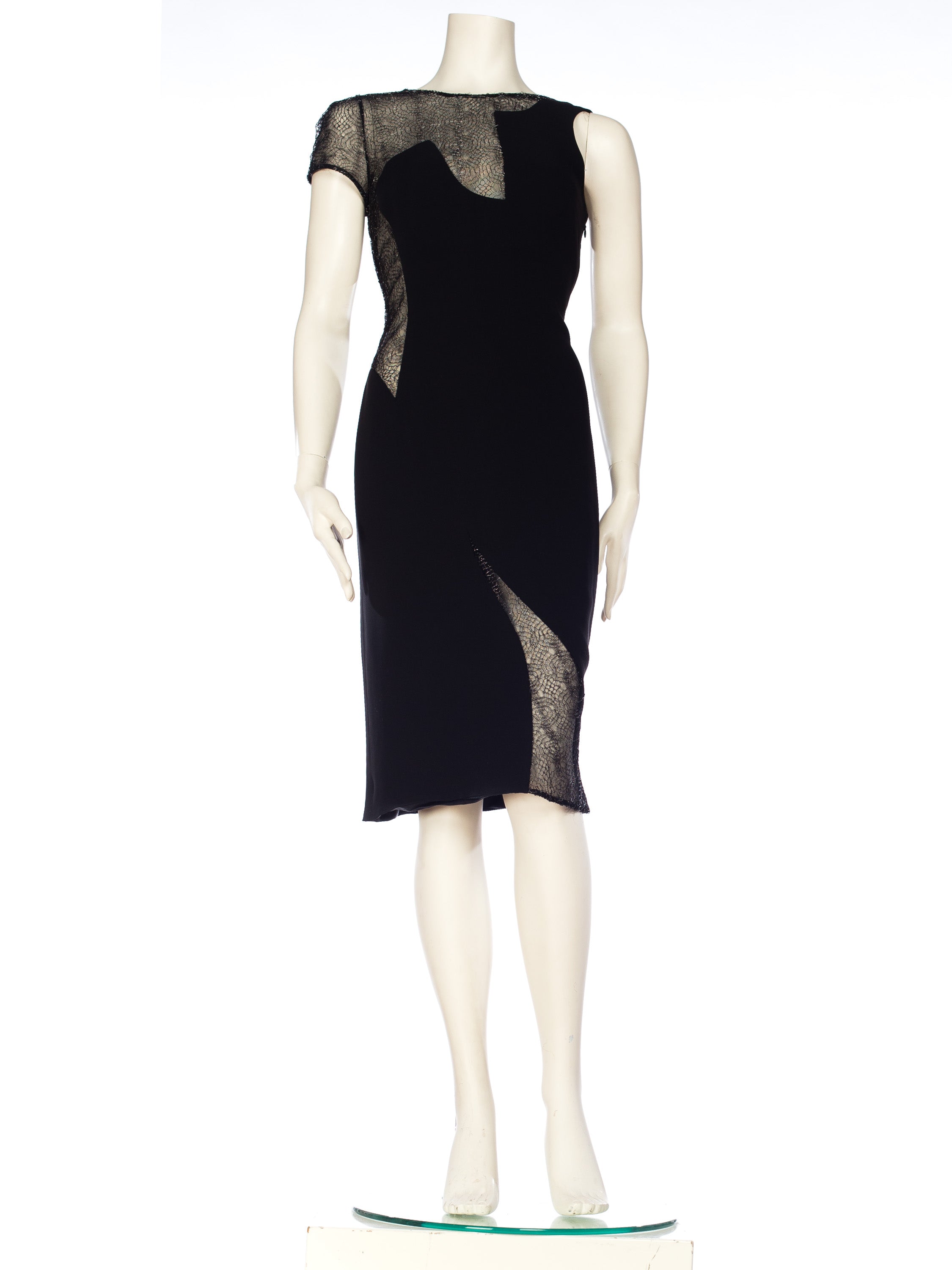 1990S GIANNI VERSACE Black Silk Deconstructed Sexy Modernist Cocktail Dress With Sheer Silver Metallic Lace 1990S GIANNI VERSACE Black Silk Deconstructed Sexy Modernist Cocktail Dress With Sheer Silver Metallic Lace