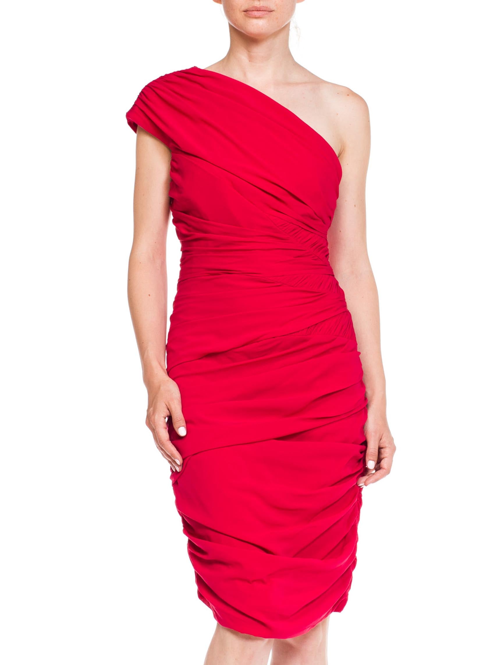 2000s Badgley Mischka Raspberry Pink Silk & Lycra Chiffon Draped 80s Style One Shoulder Cocktail Dress 2000s Badgley Mischka Raspberry Pink Silk & Lycra Chiffon Draped 80s Style One Shoulder Cocktail Dress