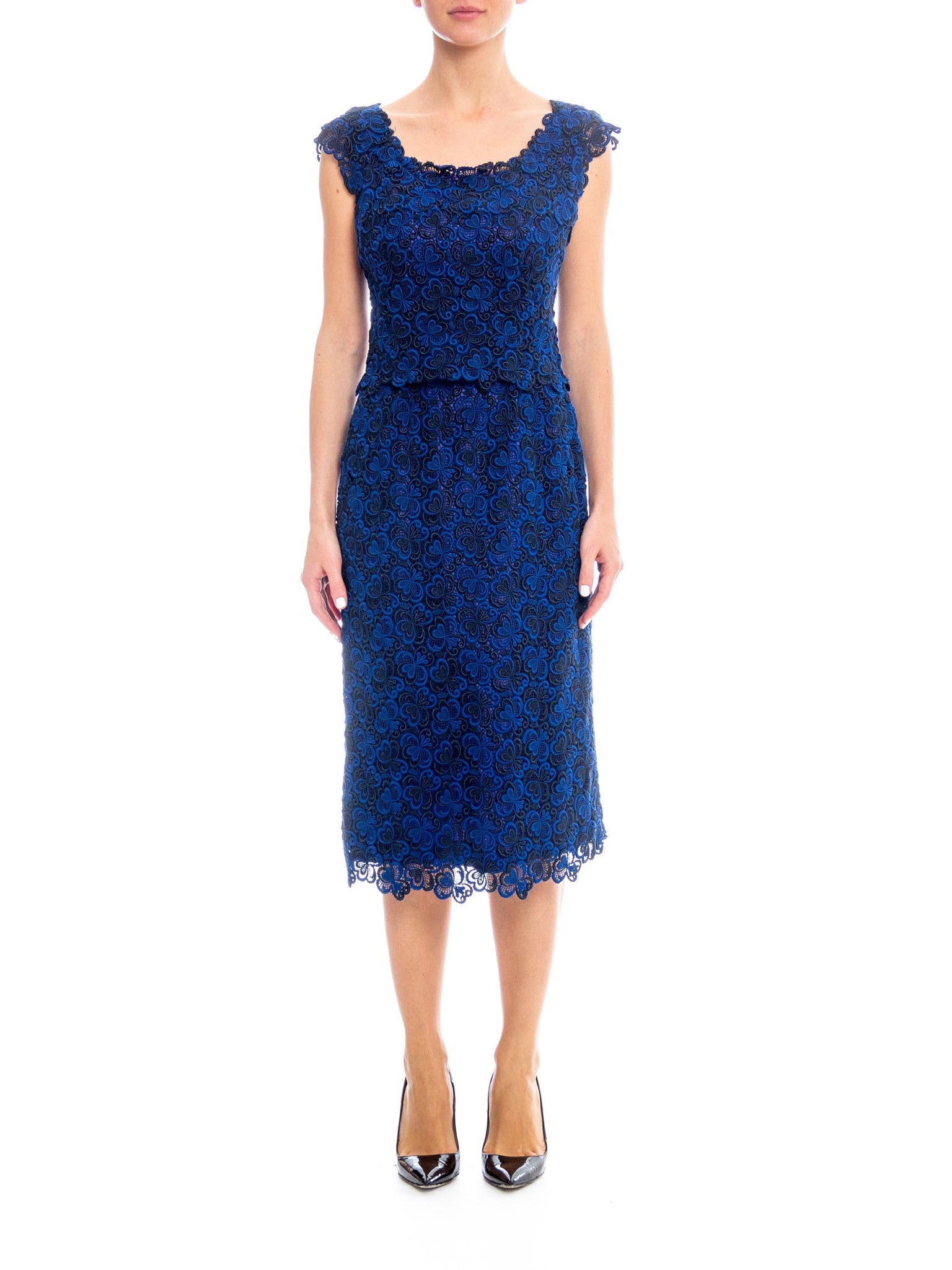 1950S Black & Sapphire Blue Rayon Lace Cocktail Dress 1950S Black & Sapphire Blue Rayon Lace Cocktail Dress