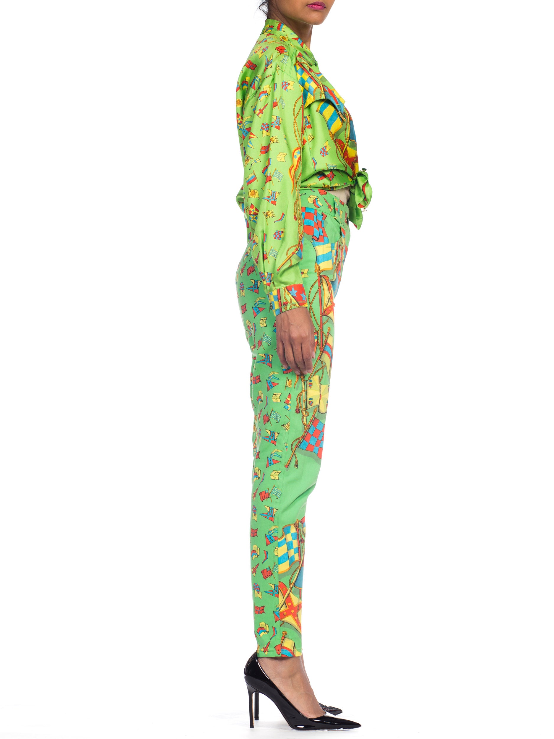 1990S GIANNI VERSACE Miami Collection Silk Blouse & Cotton Jeans Set