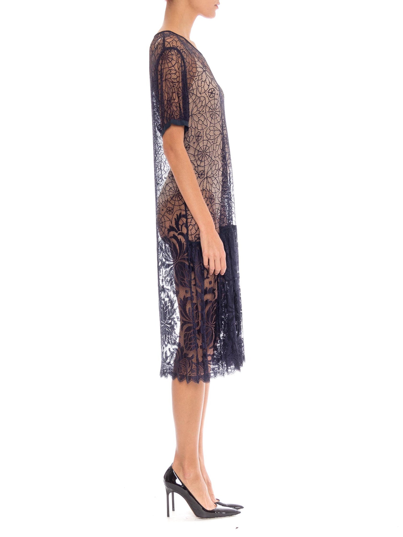 1920S Navy Blue Rayon & Silk Spider Web Lace Dress 1920S Navy Blue Rayon & Silk Spider Web Lace Dress