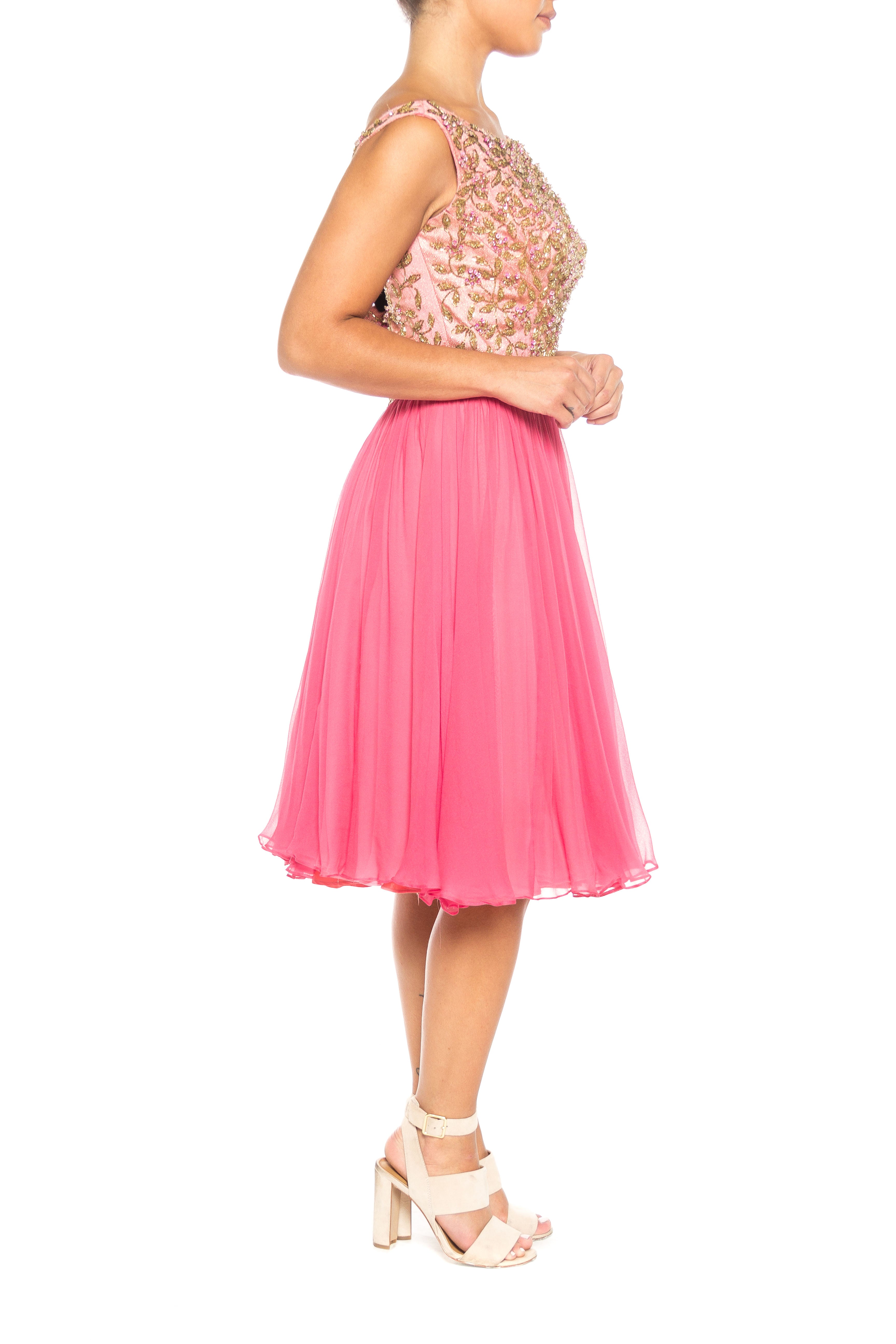 1960S Pink & Gold Silk Chiffon Beaded Swing Skirt Party Cocktail Dress