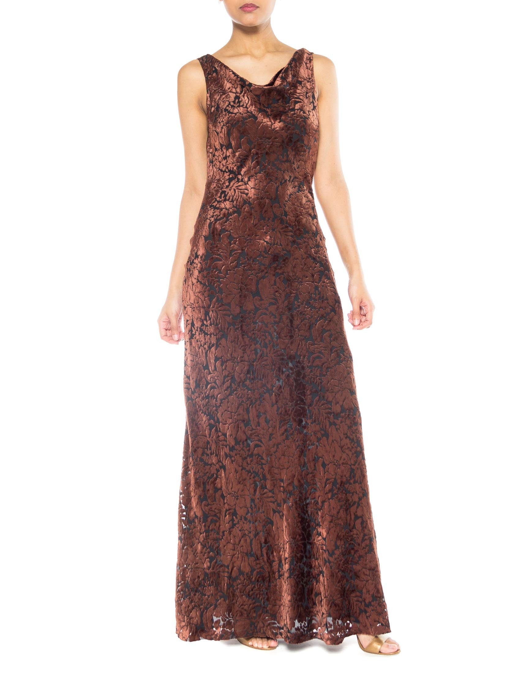 1990S CARMEN MARC VALVO Chocolate Brown & Black Rayon Silk Burnout Velvet Backless Bias Gown 1990S CARMEN MARC VALVO Chocolate Brown & Black Rayon Silk Burnout Velvet Backless Bias Gown