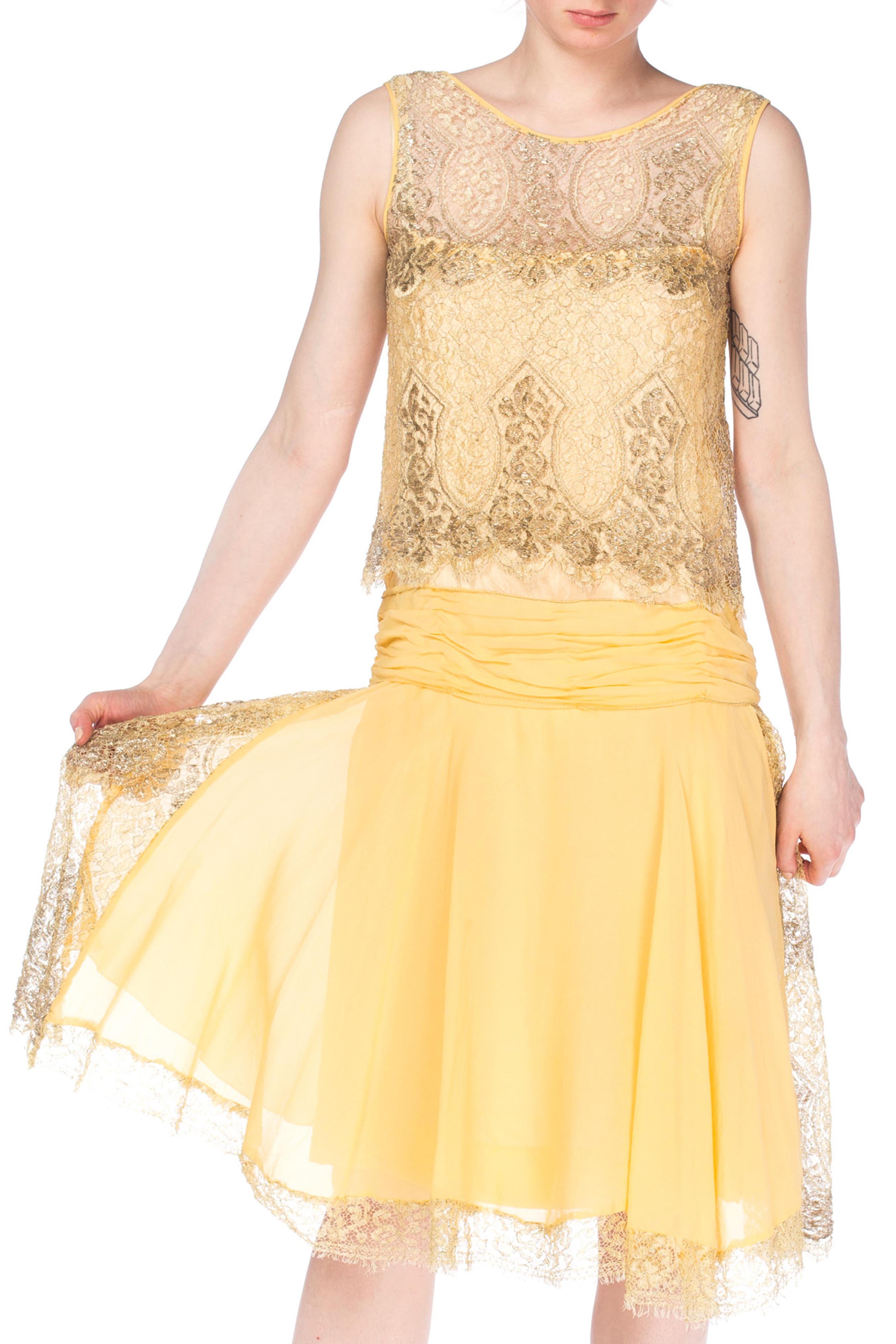 1920s Yellow Silk Chiffon & Silver Lam Lace Flapper Cocktail Dress 1920s Yellow Silk Chiffon & Silver Lam Lace Flapper Cocktail Dress