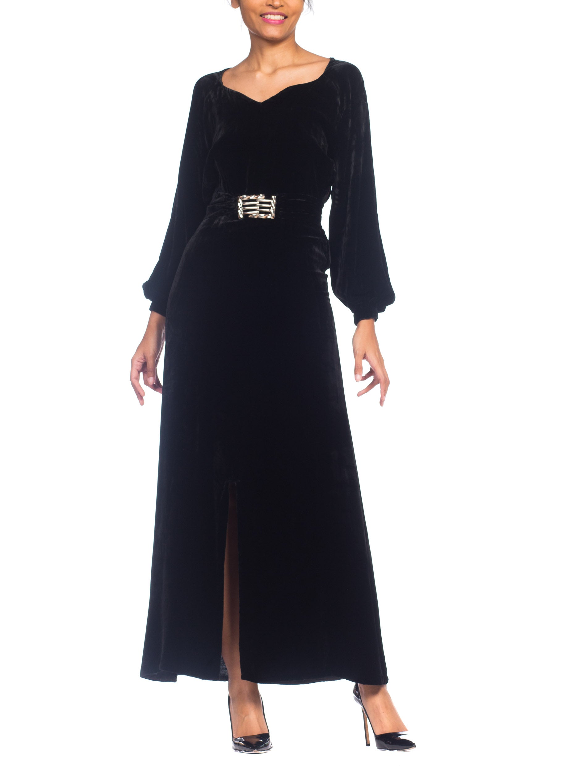 1930s Black Silk Velvet Long Sleeved Gown with Chrome Art Deco Buckle 1930s Black Silk Velvet Long Sleeved Gown with Chrome Art Deco Buckle