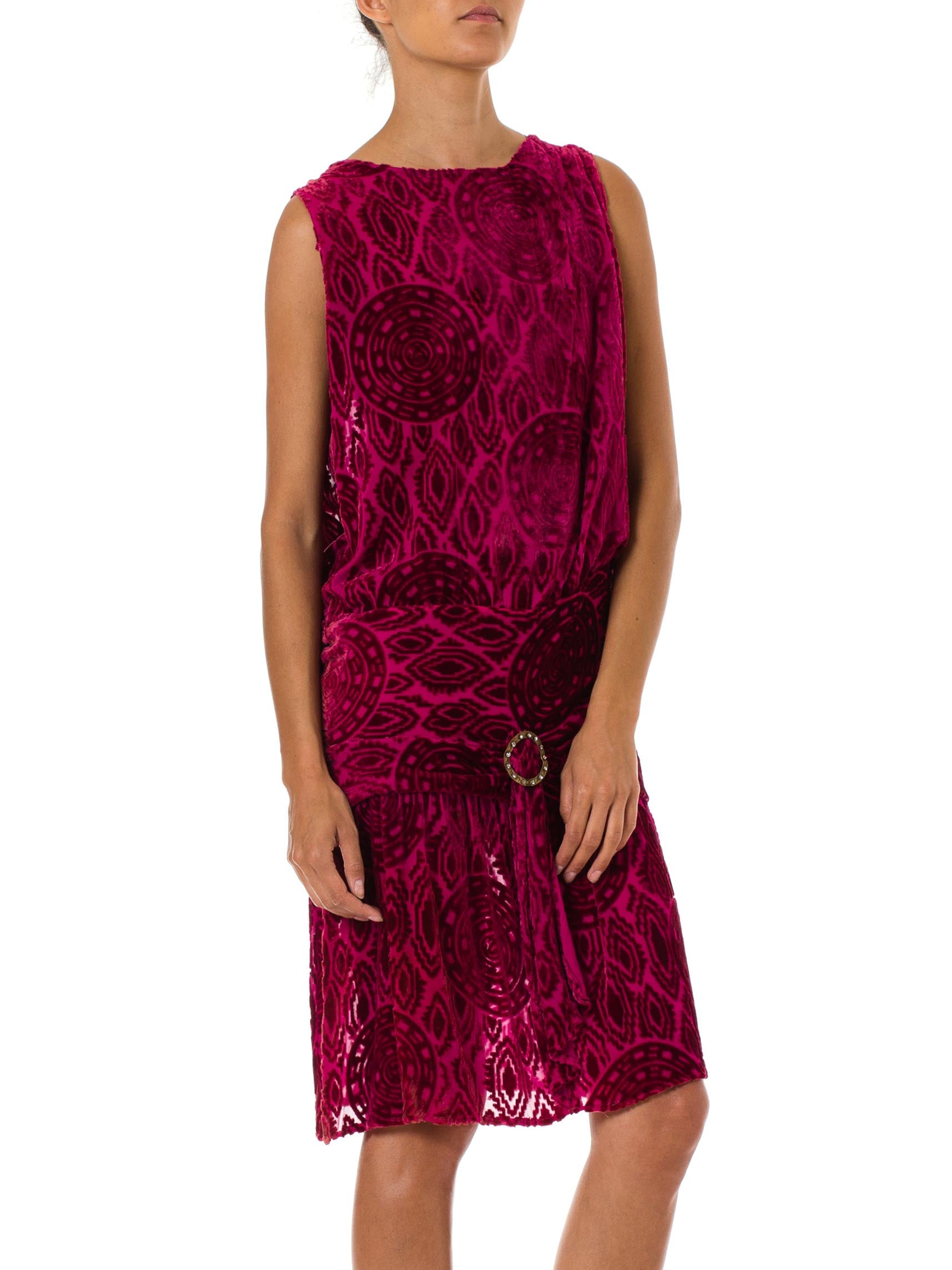 1920s Hot Pink Burnout Silk Velvet Drop Waist Flapper Cocktail Dress with Crystal Buckle 1920s Hot Pink Burnout Silk Velvet Drop Waist Flapper Cocktail Dress with Crystal Buckle