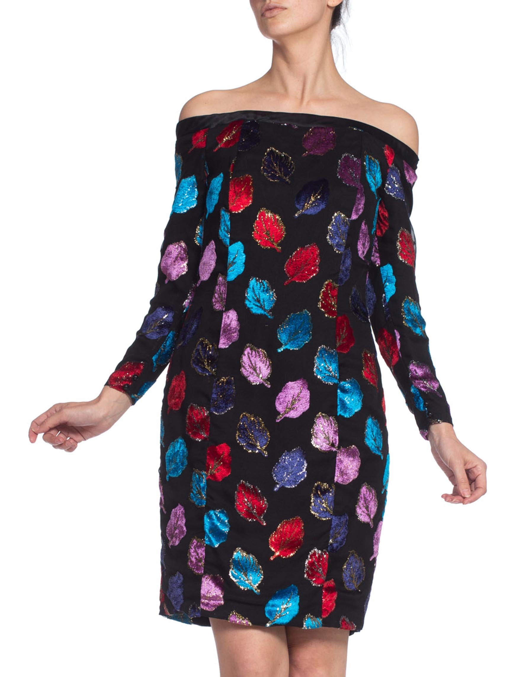 1980S Black Silk & Lurex Burnout Velvet Cold Shoulder Long Sleeve Cocktail Dress 1980S Black Silk & Lurex Burnout Velvet Cold Shoulder Long Sleeve Cocktail Dress