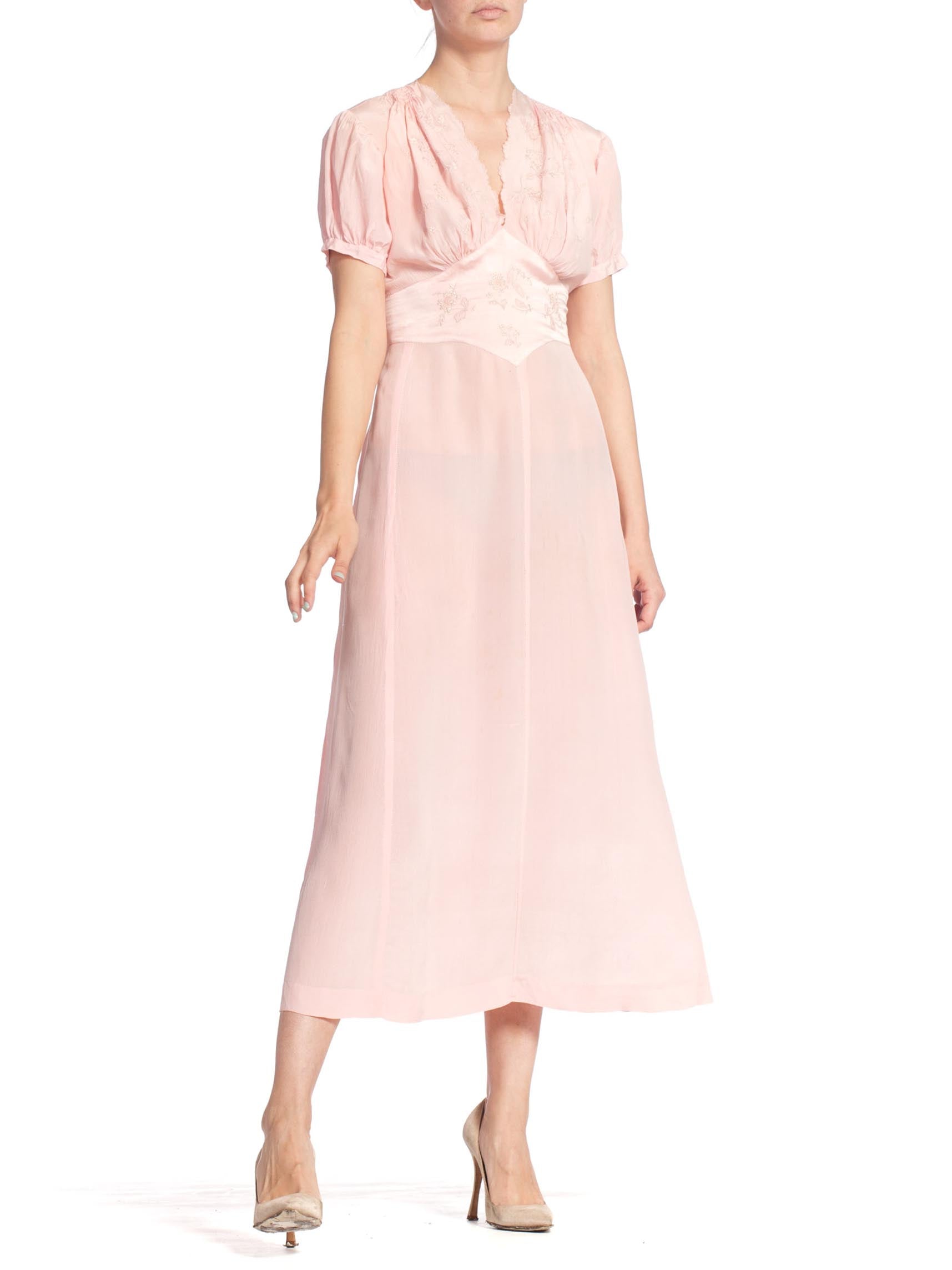 1940s Baby Pink Silk Hand Embroidered Negligee Slip Dress with Adjustable Waist Ties 1940s Baby Pink Silk Hand Embroidered Negligee Slip Dress with Adjustable Waist Ties