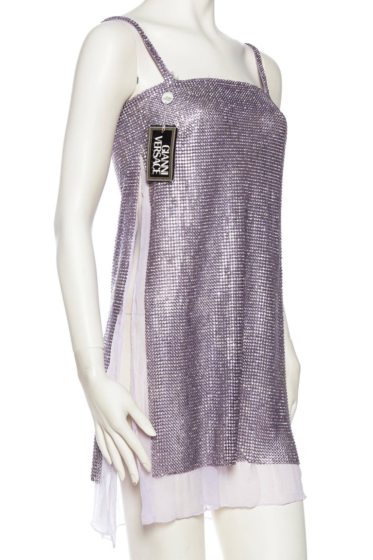 1990S GIANNI VERSACE Lilac Silk Chiffon & Crystal Metal Mesh Cocktail Dress With Full Side Slits 1990S GIANNI VERSACE Lilac Silk Chiffon & Crystal Metal Mesh Cocktail Dress With Full Side Slits