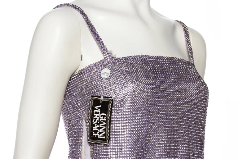 1990s Gianni Versace Lilac Silk Chiffon & Crystal Metal Mesh Cocktail Dress with Full Side Slits 1990s Gianni Versace Lilac Silk Chiffon & Crystal Metal Mesh Cocktail Dress with Full Side Slits