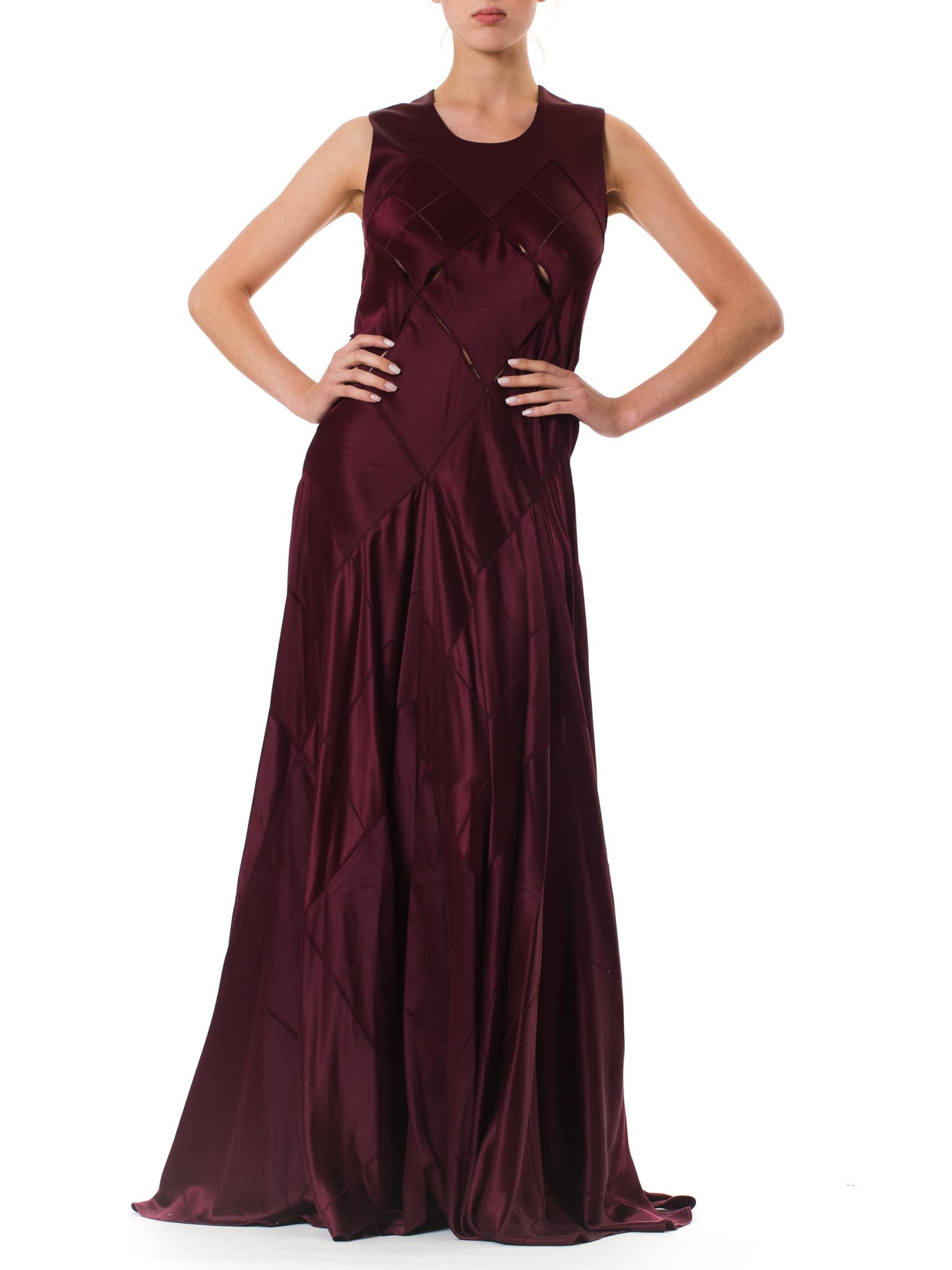 2000S CALVIN KLEIN Burgundy Bias Cut Silk Crepe Back Satin Patchwork C MORPHEW 2000S CALVIN KLEIN Burgundy Bias Cut Silk Crepe Back Satin Patchwork C MORPHEW