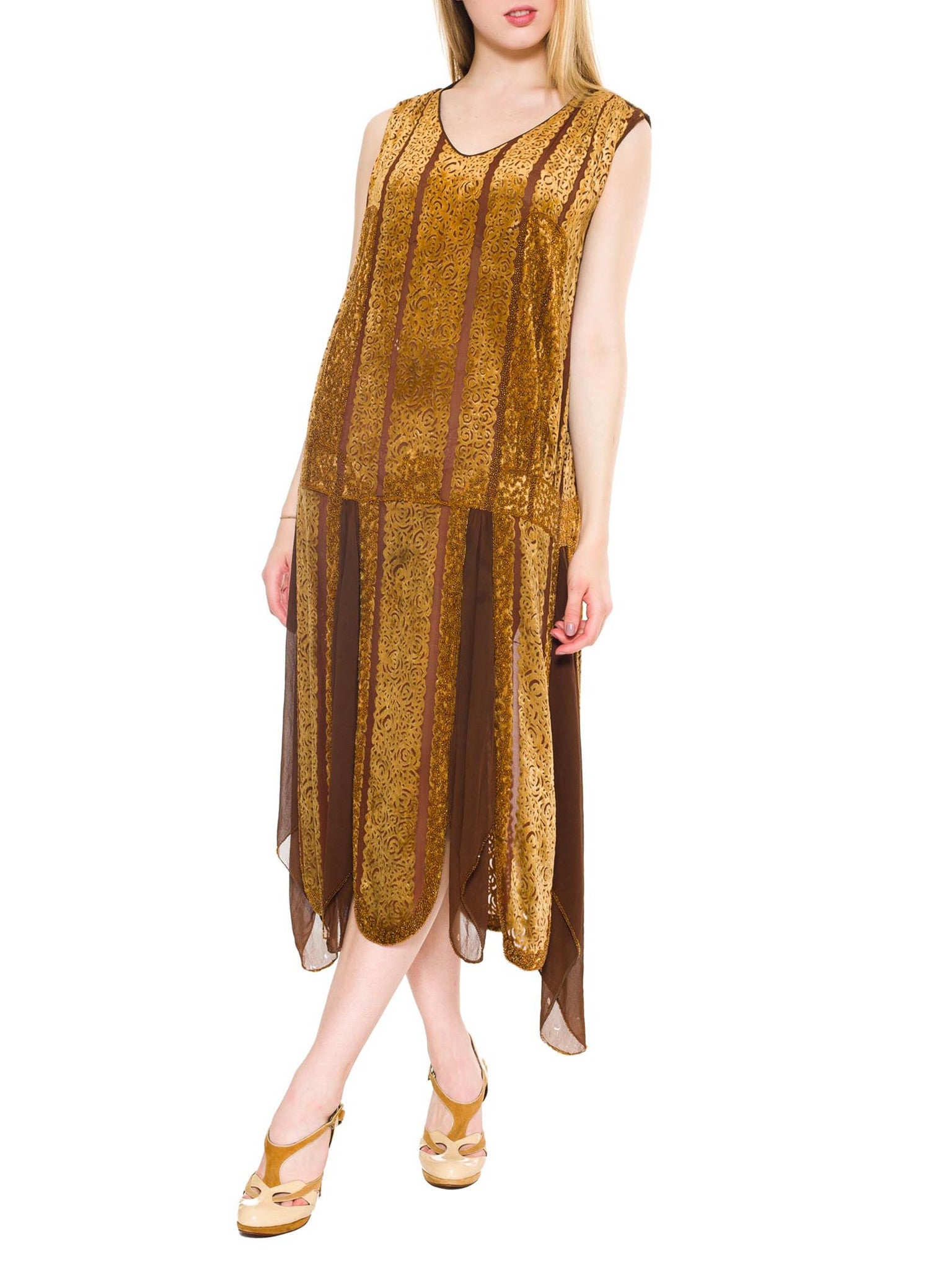 1920S Caramel Brown Silk Burnout Velvet & Chiffon Beaded Flapper Cocktail Dress 1920S Caramel Brown Silk Burnout Velvet & Chiffon Beaded Flapper Cocktail Dress