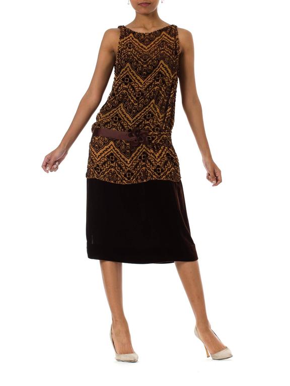 1920s Brown Silk Burnout Velvet Devor Drop Waist Flapper Dress 1920s Brown Silk Burnout Velvet Devor Drop Waist Flapper Dress