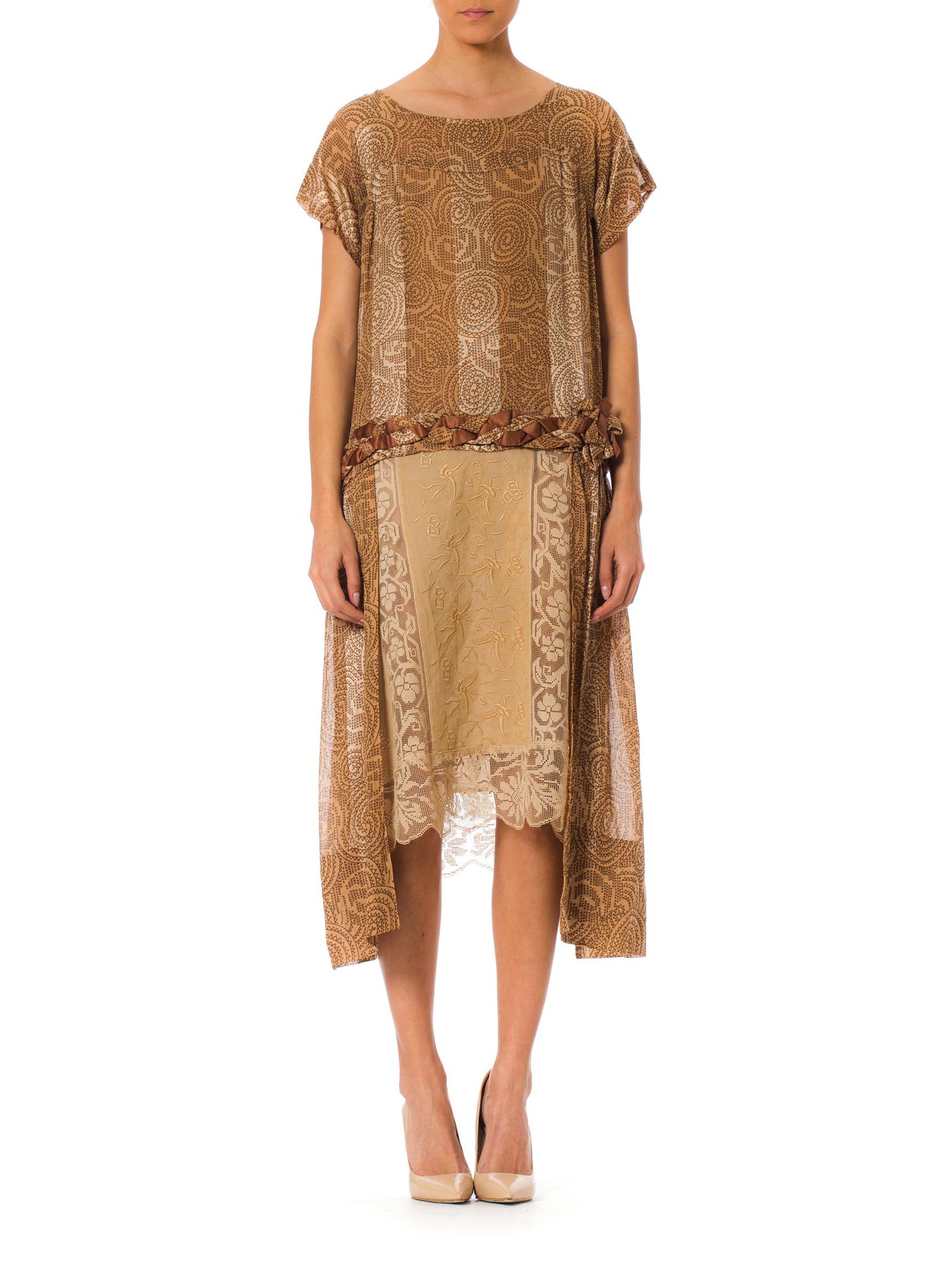 1920s champagne dress 1920's Champagne Silk Chiffon Dress - Sheer Chiffon With Sequins, Beads & Rhinestones - Scalloped Hemline - Authentic Vintage - Size Small