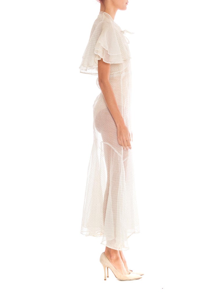 1930s Off White Cotton Organdy Garden Party Dress with Tiny Green Polka Dots & Matching Ruffle Sleeve Bolero 1930s Off White Cotton Organdy Garden Party Dress with Tiny Green Polka Dots & Matching Ruffle Sleeve Bolero