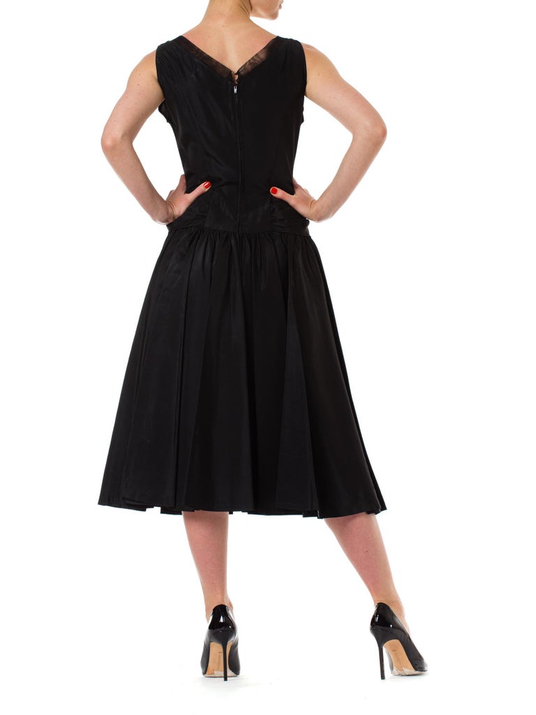 1950S Black Acetate Taffeta Swing Skirt Cocktail Dress With Unique Gathered Details 1950S Black Acetate Taffeta Swing Skirt Cocktail Dress With Unique Gathered Details
