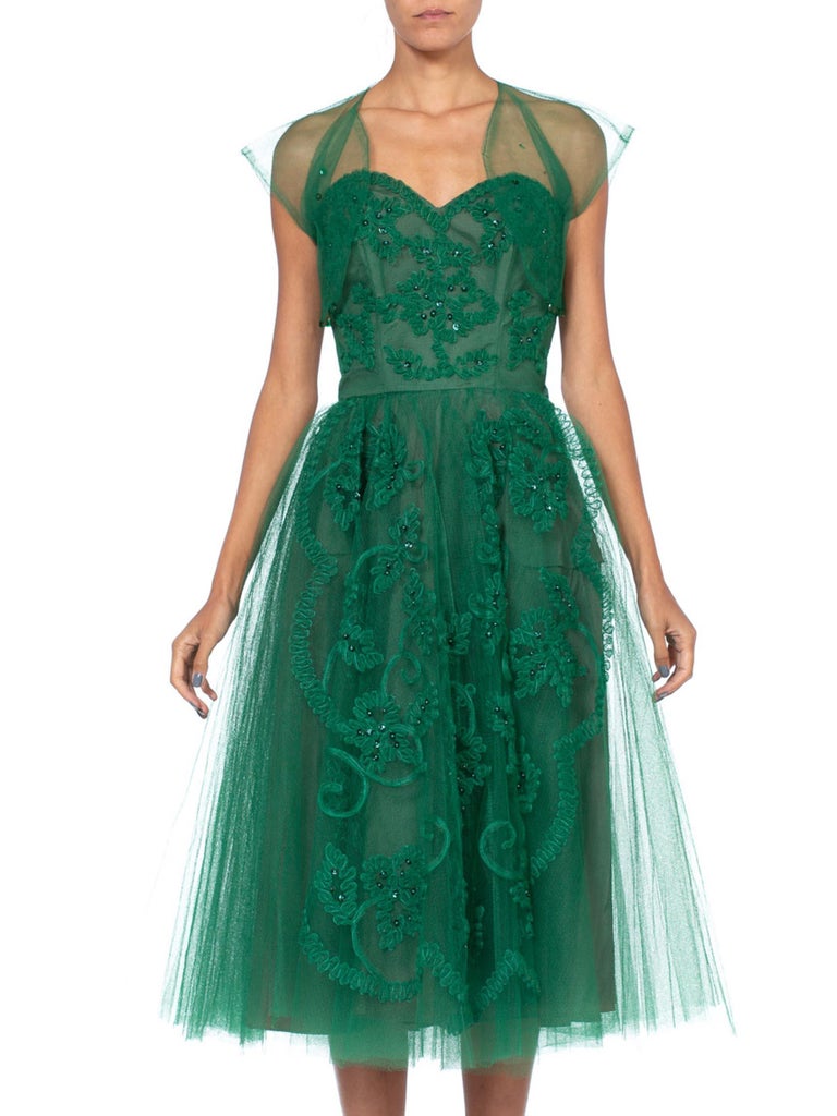 1950S Emerald Green Nylon Tulle Strapless Party Dress Appliqud & Beaded With Matching Bolero 1950S Emerald Green Nylon Tulle Strapless Party Dress Appliqud & Beaded With Matching Bolero