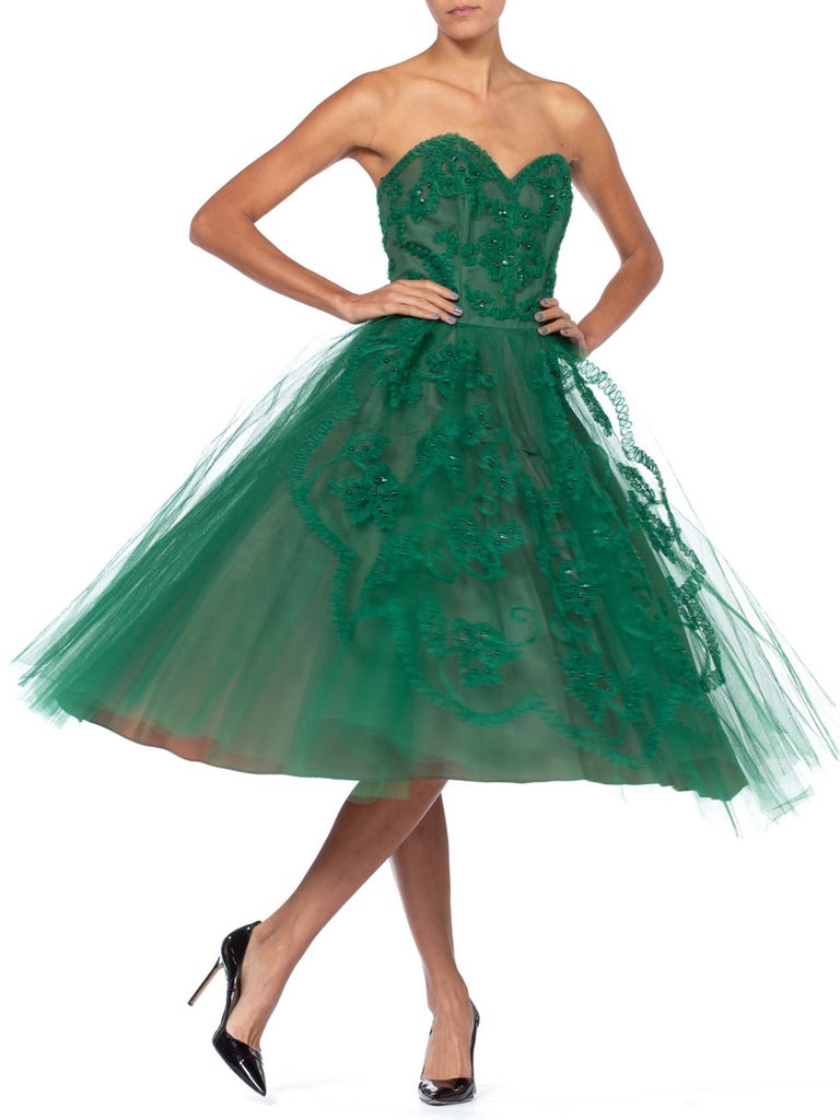 1950S Emerald Green Nylon Tulle Strapless Party Dress Appliqud & Beaded With Matching Bolero 1950S Emerald Green Nylon Tulle Strapless Party Dress Appliqud & Beaded With Matching Bolero