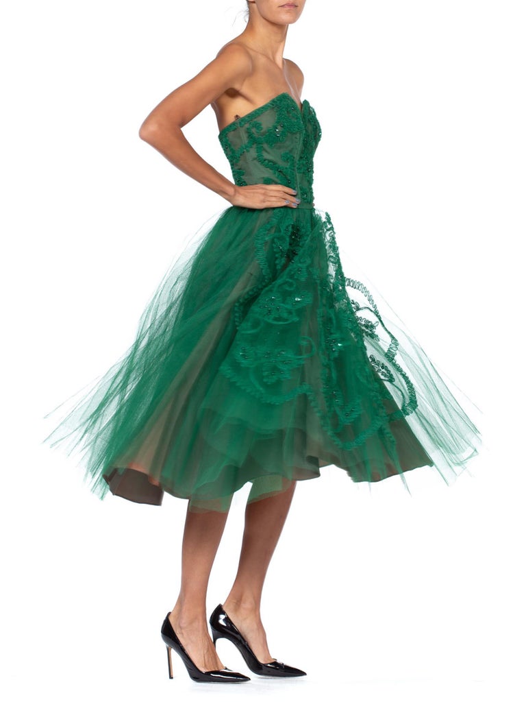 1950S Emerald Green Nylon Tulle Strapless Party Dress Appliqud & Beaded With Matching Bolero 1950S Emerald Green Nylon Tulle Strapless Party Dress Appliqud & Beaded With Matching Bolero