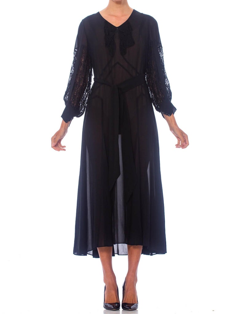 1930s Black Silk Chiffon Tie Waist Dress with Lace Inset Sleeves 1930s Black Silk Chiffon Tie Waist Dress with Lace Inset Sleeves
