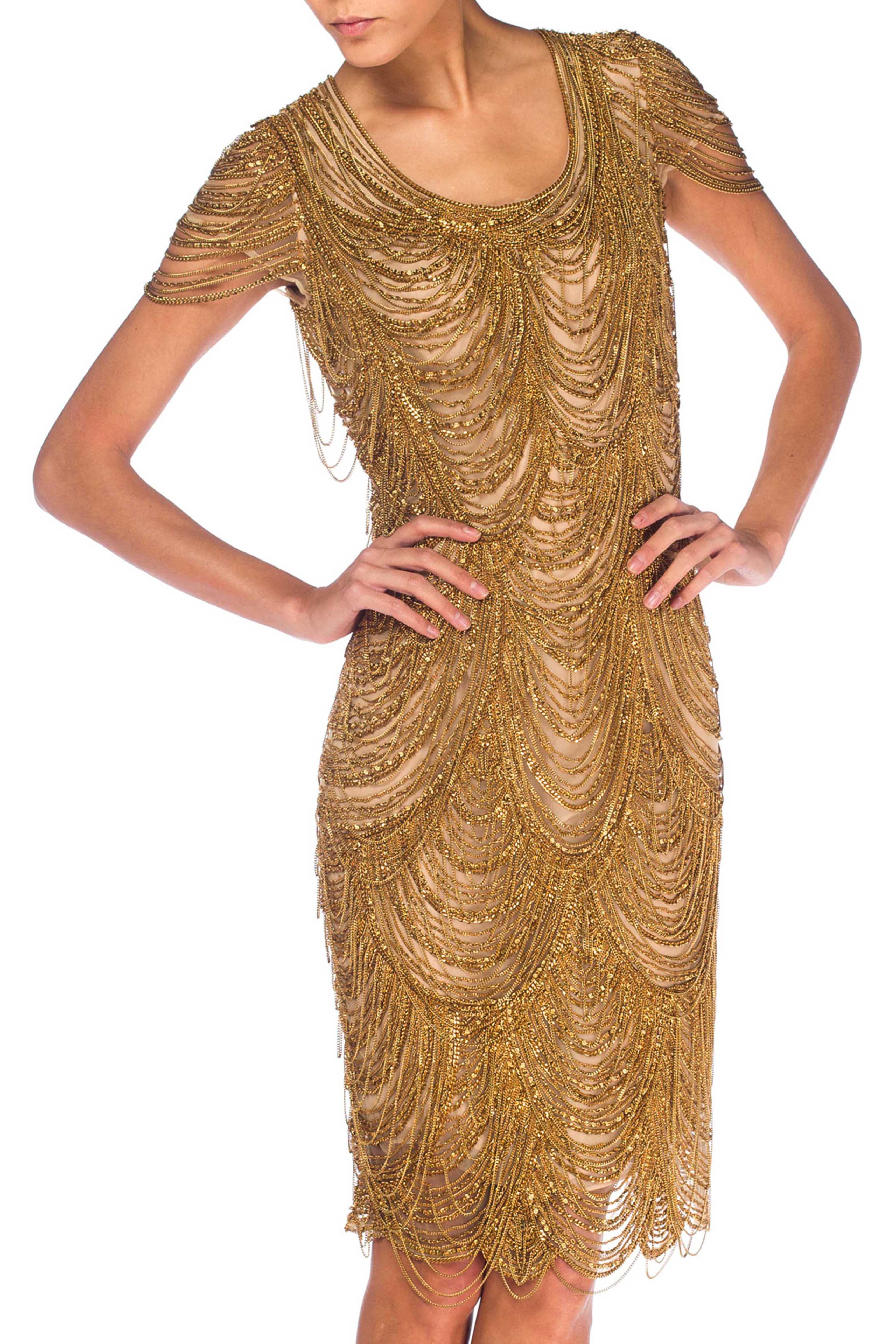 NAEEM KHAN Chain, Silk Nude Dress Dripping In Gold Chains NAEEM KHAN Chain, Silk Nude Dress Dripping In Gold Chains