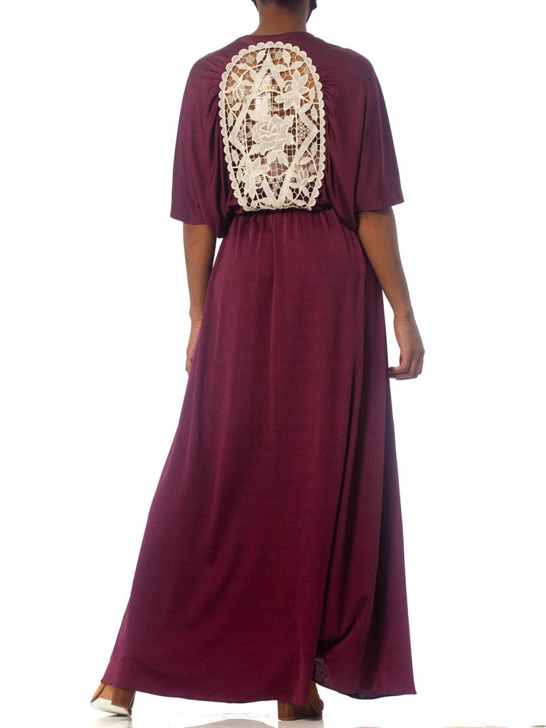 1970S Burgundy Polyester Jersey Maxi Wrap Dress With Sheer Lace Back 1970S Burgundy Polyester Jersey Maxi Wrap Dress With Sheer Lace Back