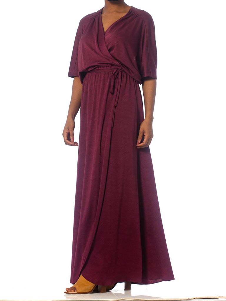 1970S Burgundy Polyester Jersey Maxi Wrap Dress With Sheer Lace Back 1970S Burgundy Polyester Jersey Maxi Wrap Dress With Sheer Lace Back