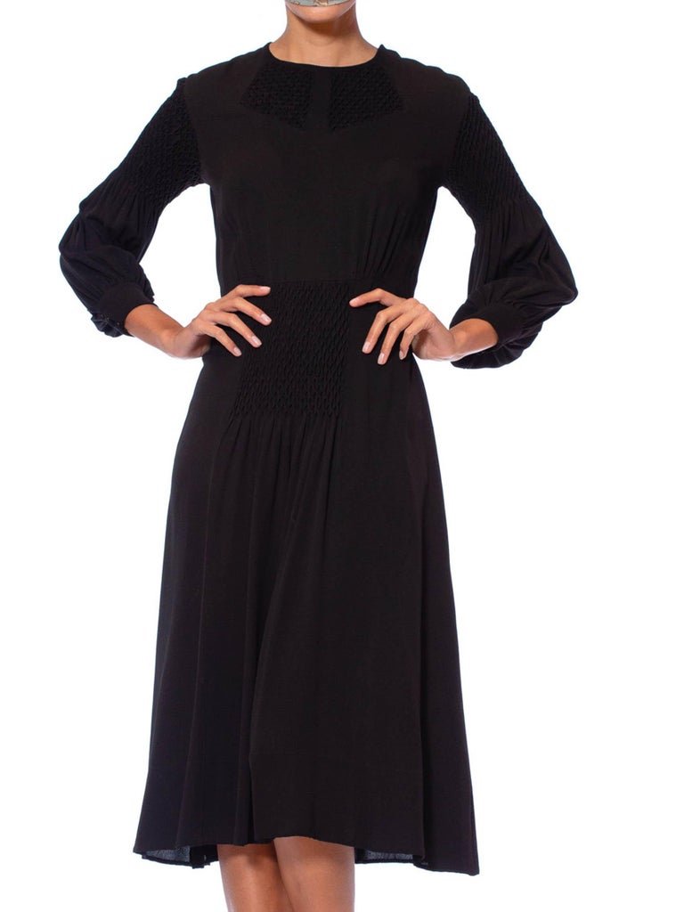 1930S Black Silk Crepe de Chine Hand Smocked Long Sleeve Boho Dress 1930S Black Silk Crepe de Chine Hand Smocked Long Sleeve Boho Dress