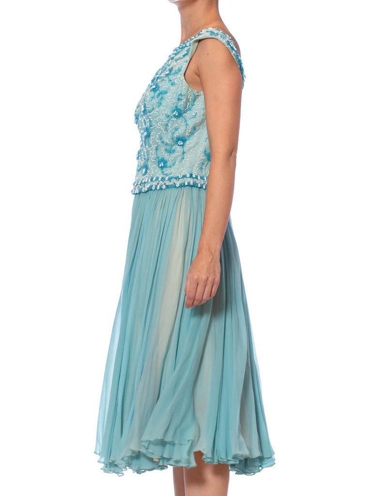 1950S Aquamarine Blue Silk Chiffon Beaded Party Cocktail Dress 1950S Aquamarine Blue Silk Chiffon Beaded Party Cocktail Dress