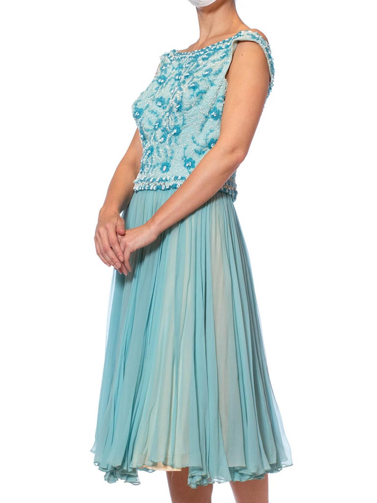 1950s Aquamarine Blue Silk Chiffon Beaded Party Cocktail Dress 1950s Aquamarine Blue Silk Chiffon Beaded Party Cocktail Dress