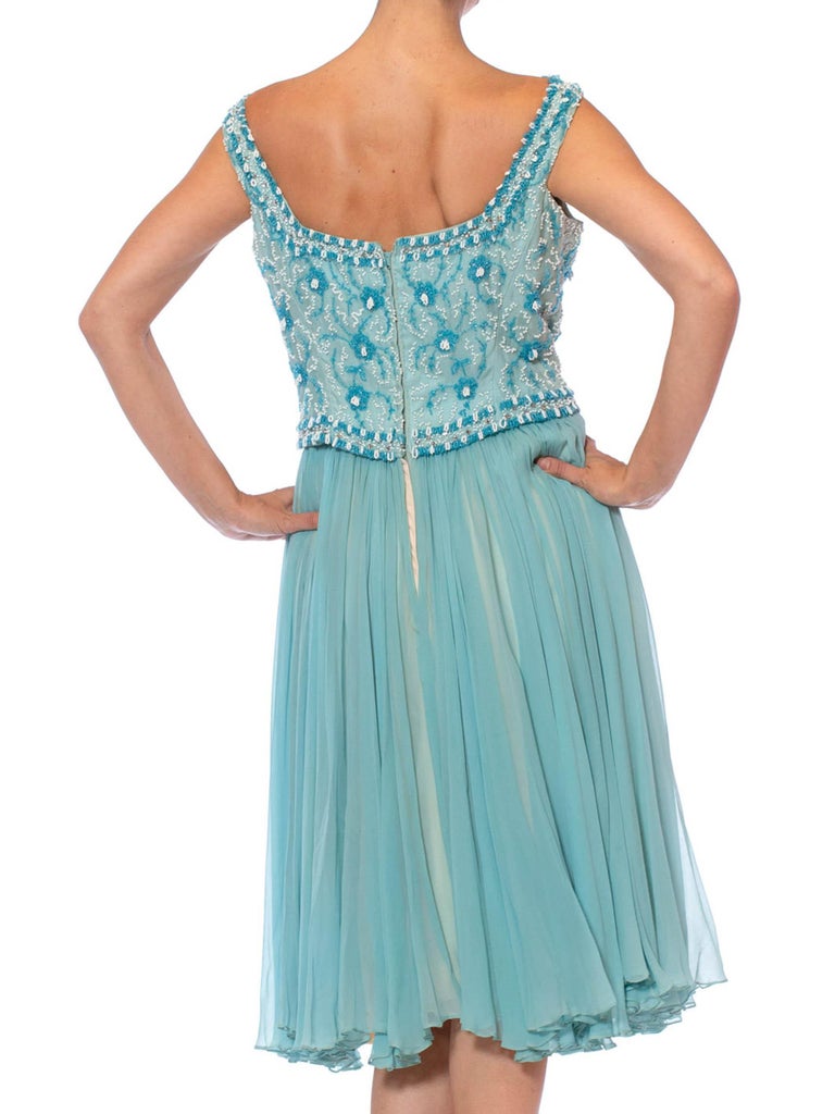 1950S Aquamarine Blue Silk Chiffon Beaded Party Cocktail Dress 1950S Aquamarine Blue Silk Chiffon Beaded Party Cocktail Dress