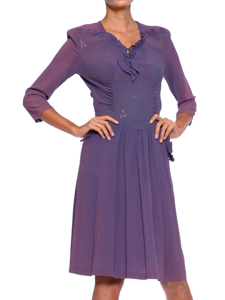 1940s Purple Rayon Blend Crepe Silver Studded Dress with Ruffles & Shirring, As-Is 1940s Purple Rayon Blend Crepe Silver Studded Dress with Ruffles & Shirring, As-Is