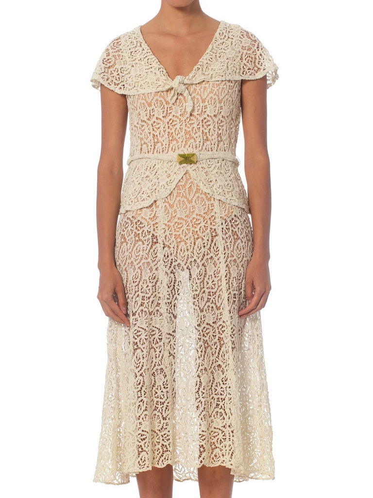 1930S White Bias Cut Cotton Lace Dress With Caplet Sleeves, Peplum & Art-Deco Belt 1930S White Bias Cut Cotton Lace Dress With Caplet Sleeves, Peplum & Art-Deco Belt