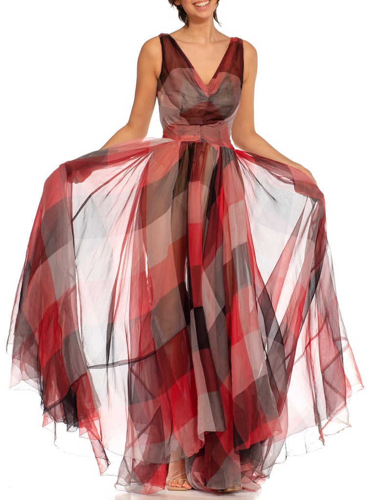 1940S Black, White & Red Silk Organza Sheer Buffalo Check Gown Couture From Paris