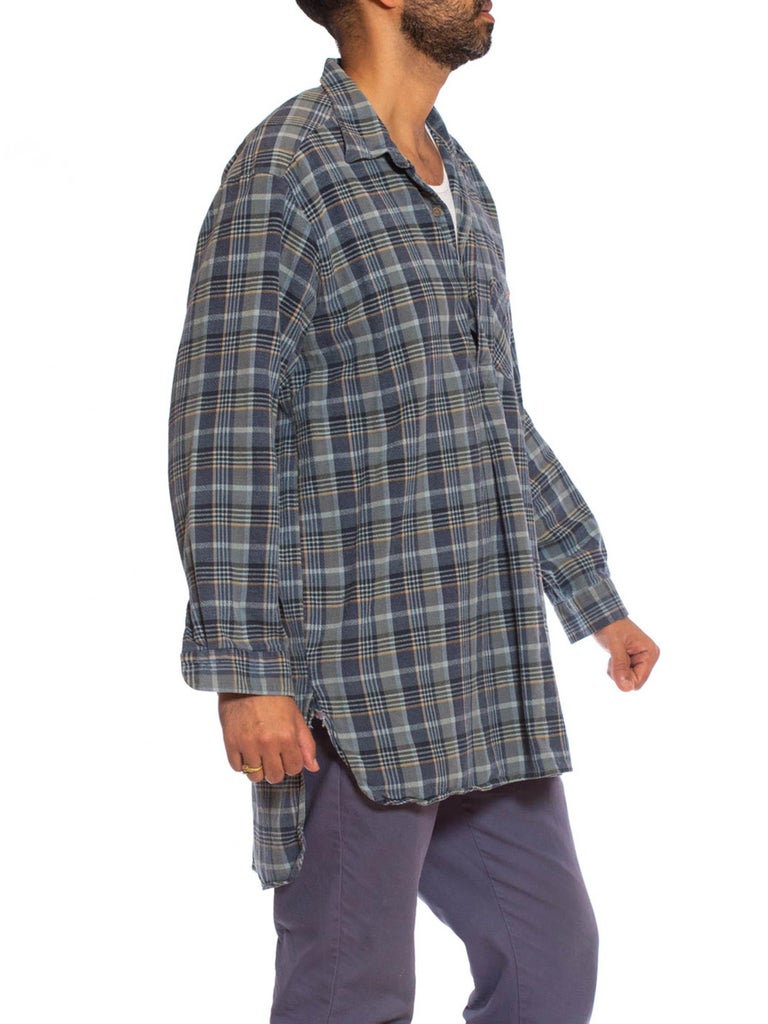 mens pullover dress shirts 1970S Blue & Grey Cotton Plaid Victorian Style Men's Pullover Shirt From France